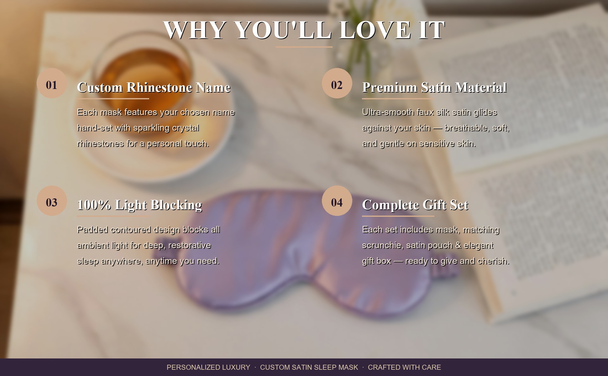 Feature highlights of Personalized Satin Sleep Eye Mask with Custom Rhinestone Name - Customizable