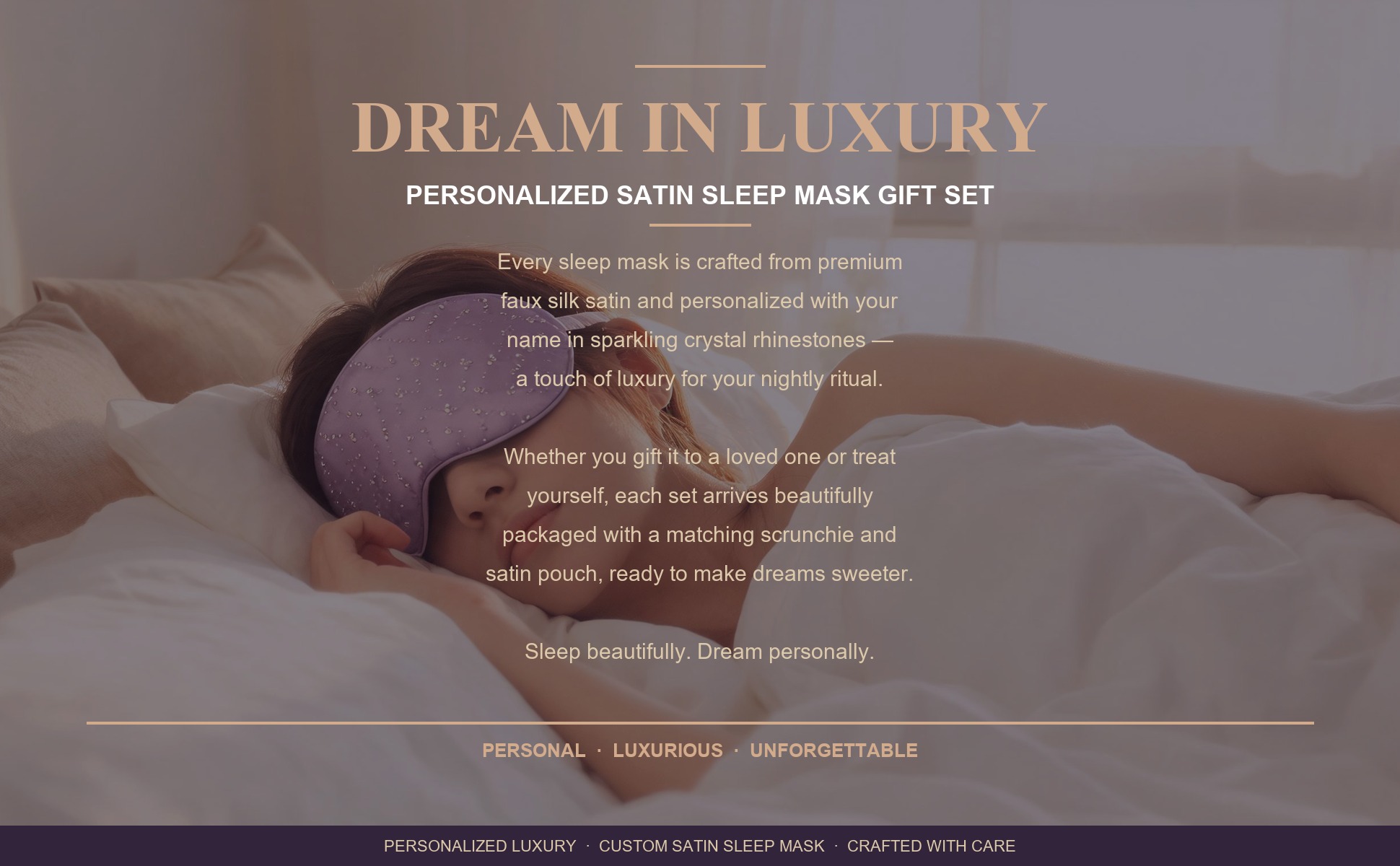 Brand story panel for Personalized Satin Sleep Eye Mask with Custom Rhinestone Name - Customizable
