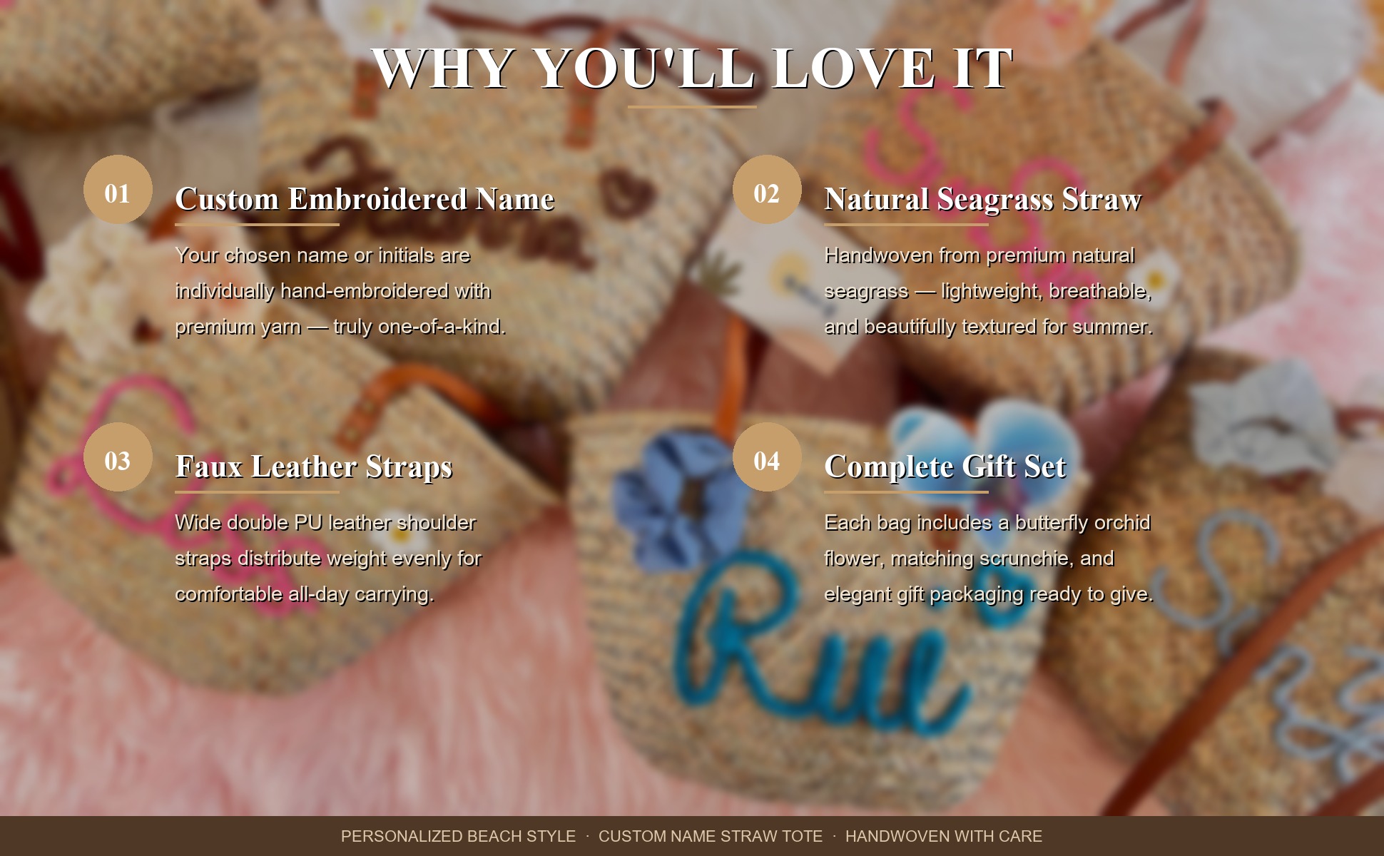 Feature highlights of Personalized Straw Beach Tote Bag with Custom Name - Handwoven Seagrass Summer