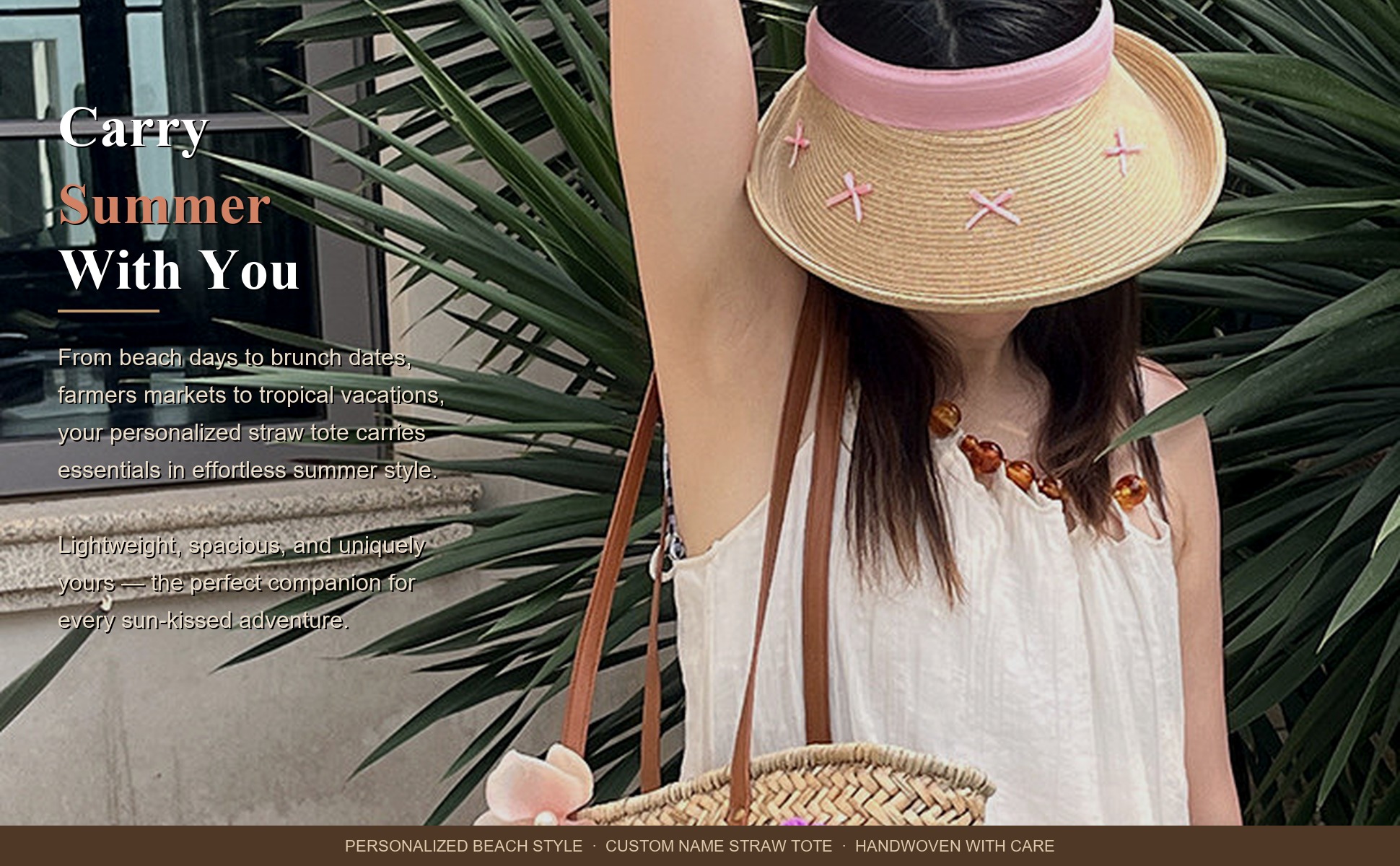 Personalized Straw Beach Tote Bag with Custom Name - Handwoven Seagrass Summer in use