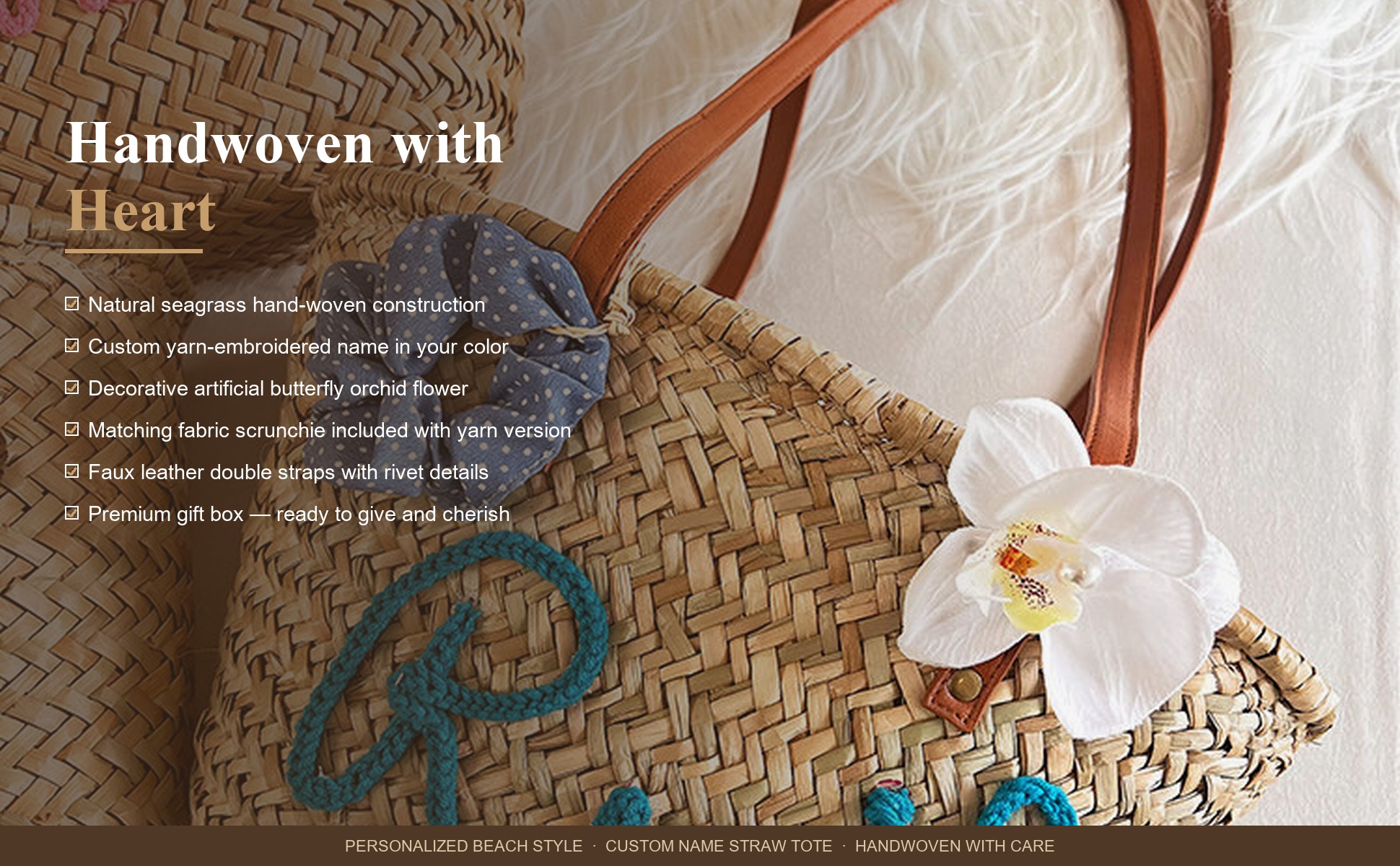 Craftsmanship detail of Personalized Straw Beach Tote Bag with Custom Name - Handwoven Seagrass Summer