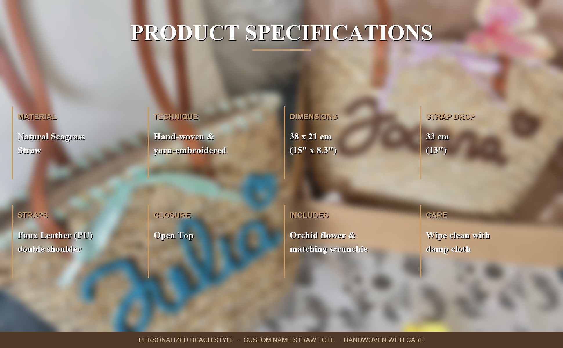 Specifications of Personalized Straw Beach Tote Bag with Custom Name - Handwoven Seagrass Summer