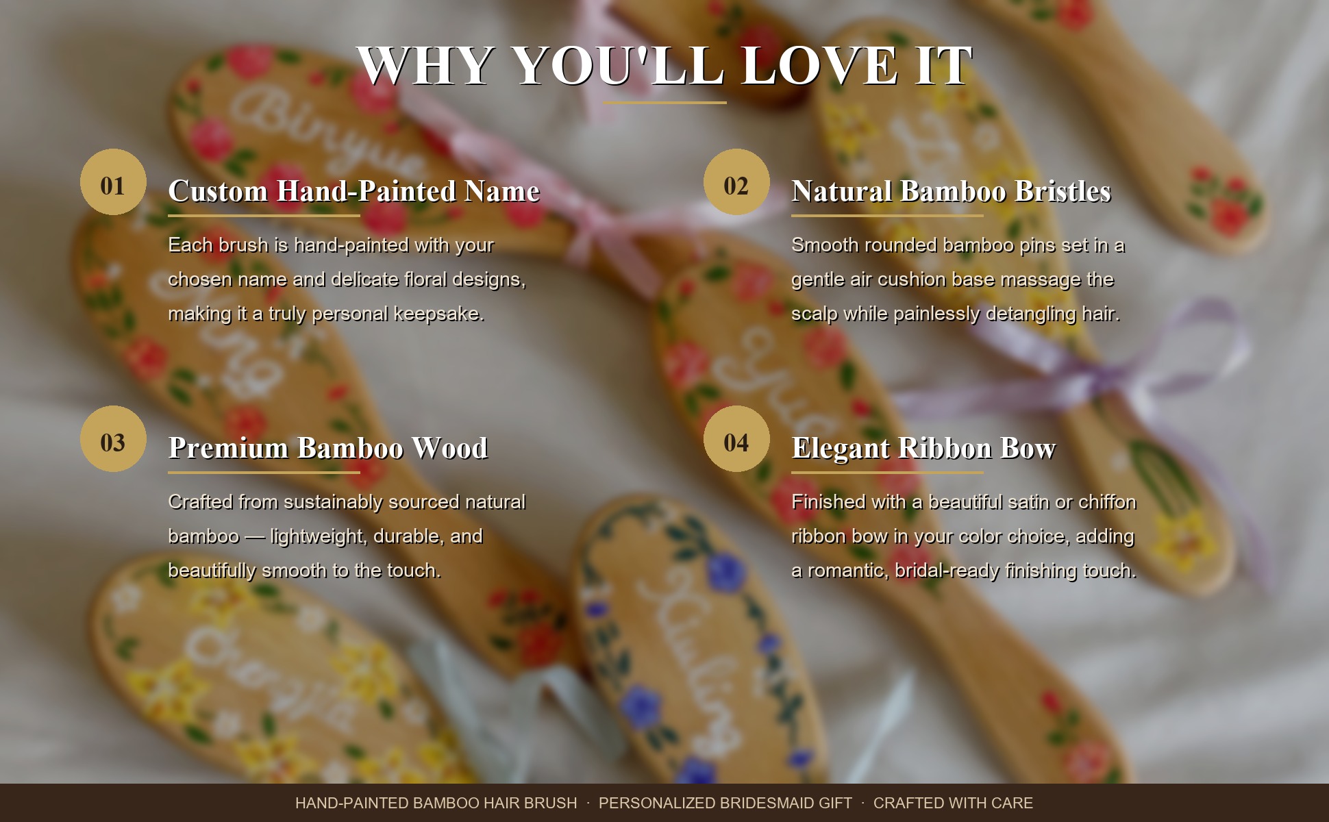 Feature highlights of Personalized Hand-Painted Bamboo Hair Brush - Custom Name Floral Design