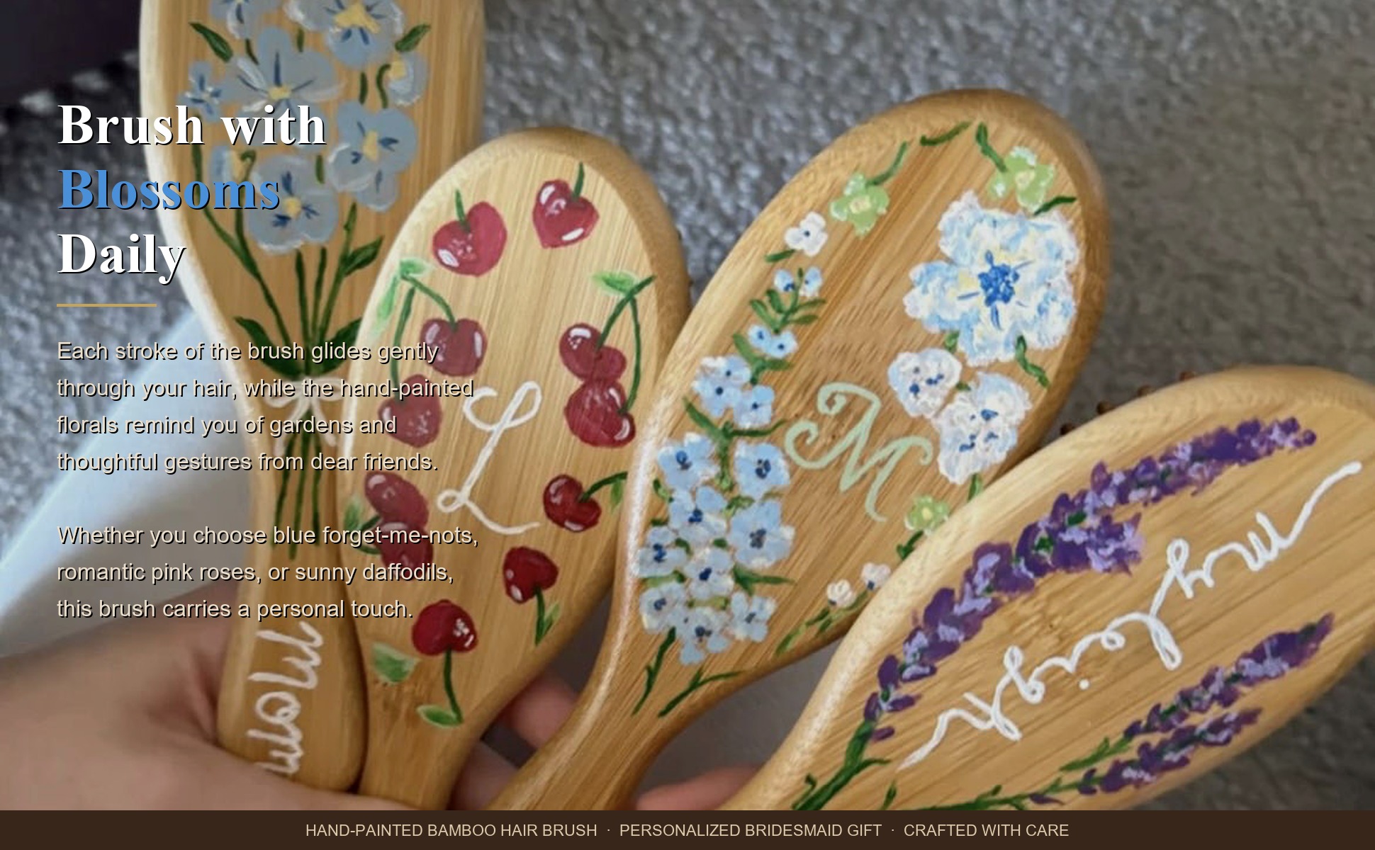 Personalized Hand-Painted Bamboo Hair Brush - Custom Name Floral Design in use