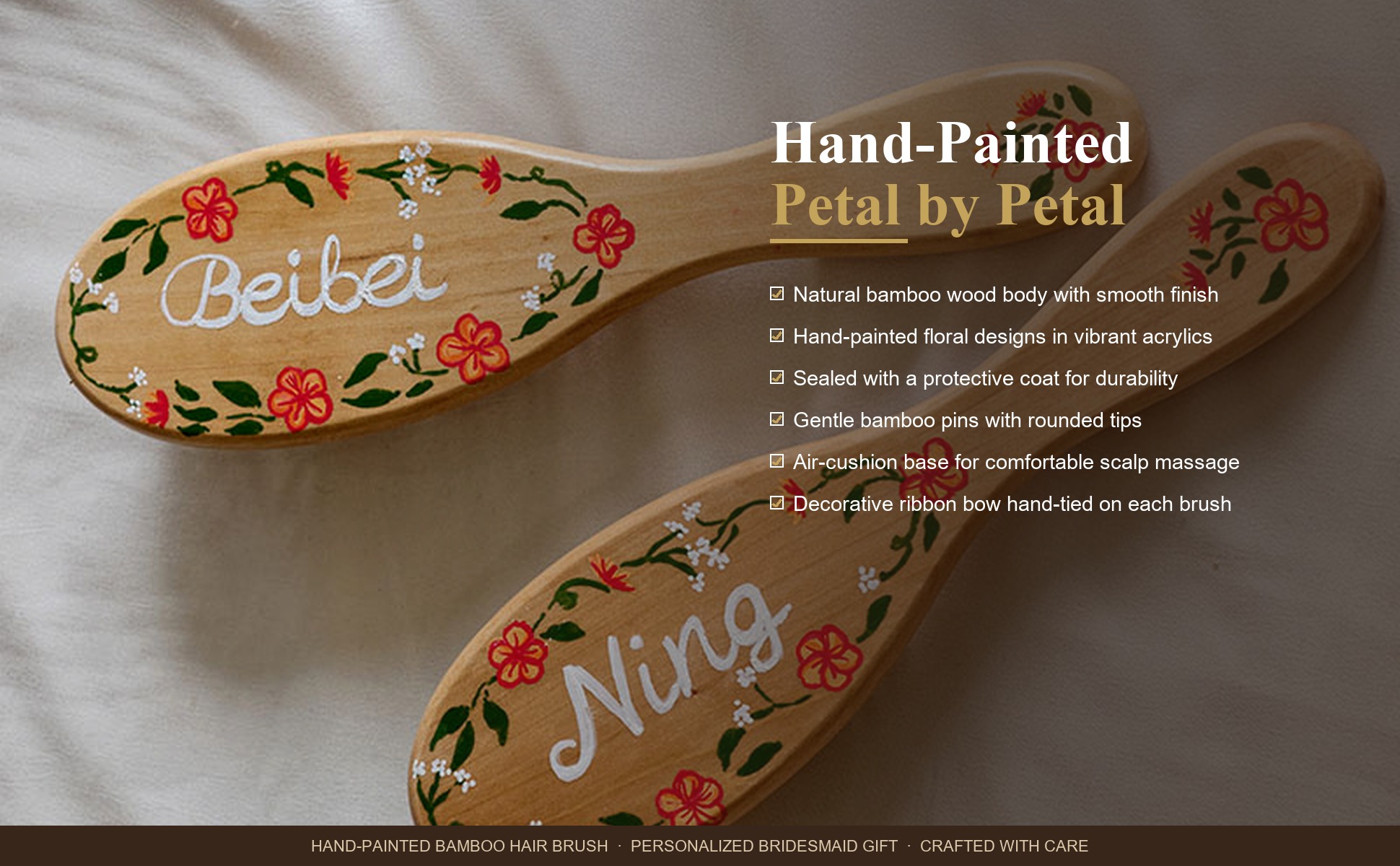 Craftsmanship detail of Personalized Hand-Painted Bamboo Hair Brush - Custom Name Floral Design