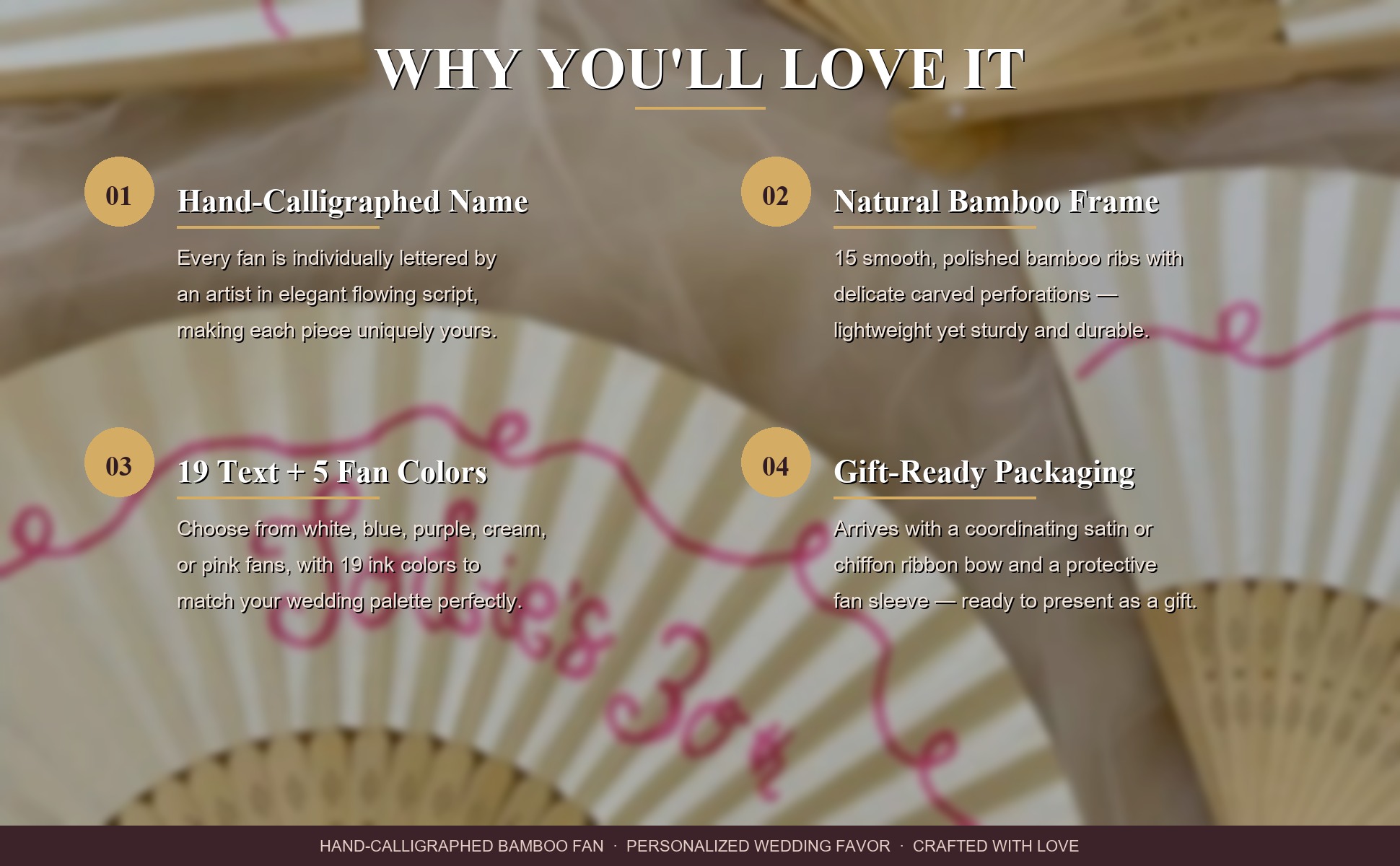 Feature highlights of Personalized Hand-Calligraphed Bamboo Folding Fan — Custom Name Hand Fan for