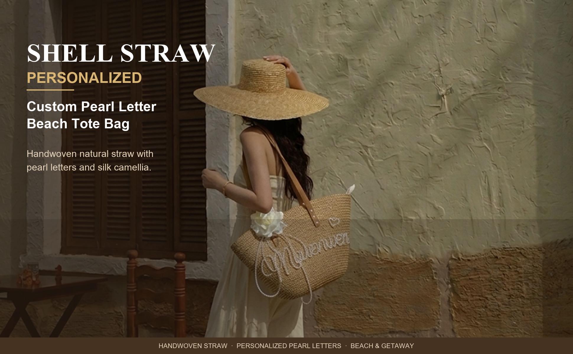 Main view of Personalized Straw Beach Tote Bag for Women - Custom Handwoven Shell Bag with
