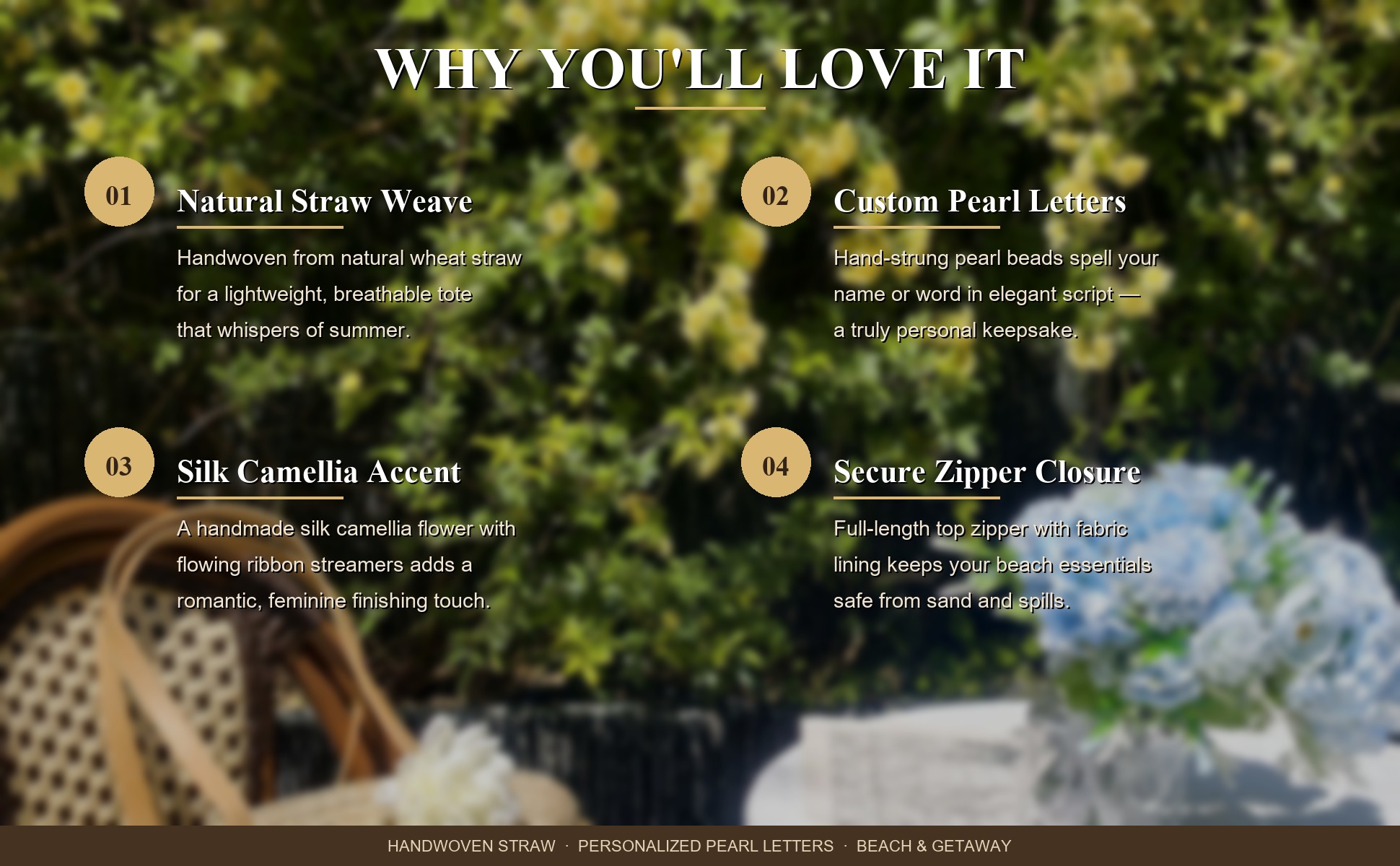 Feature highlights of Personalized Straw Beach Tote Bag for Women - Custom Handwoven Shell Bag with