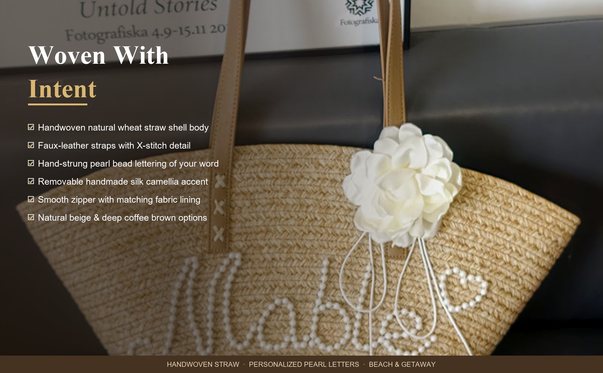 Craftsmanship detail of Personalized Straw Beach Tote Bag for Women - Custom Handwoven Shell Bag with