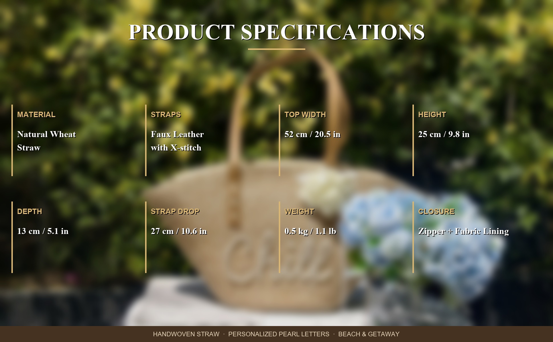 Specifications of Personalized Straw Beach Tote Bag for Women - Custom Handwoven Shell Bag with