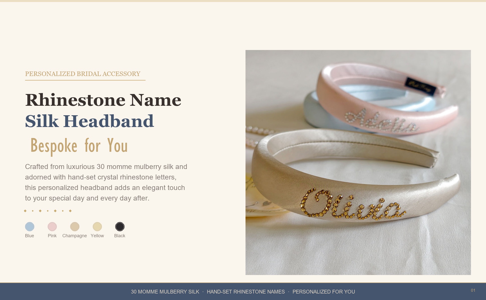 Main view of Personalized Rhinestone Name Silk Headband for Women - Custom 30 Momme Mulberry