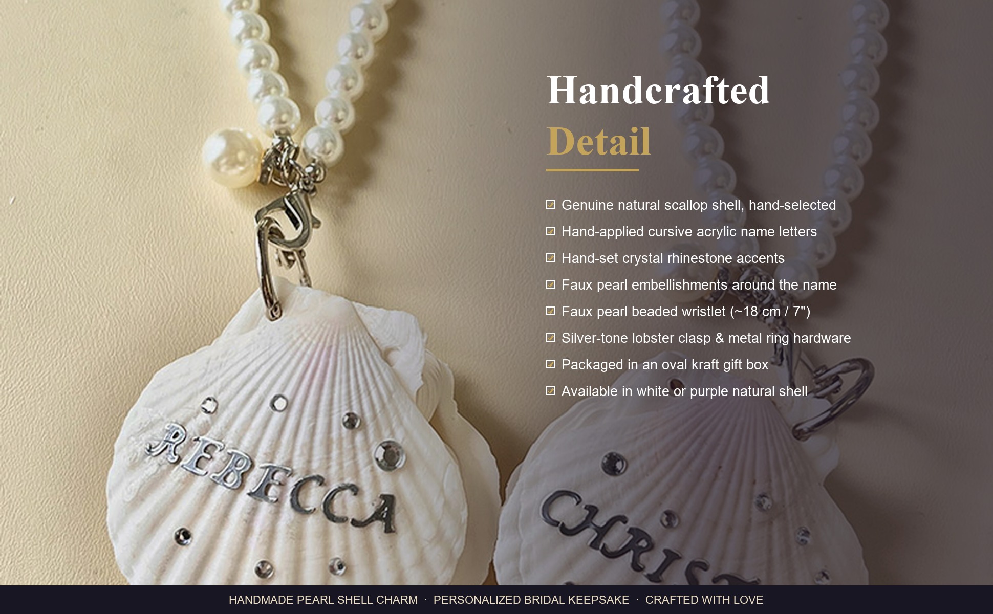 Craftsmanship detail of Personalized Name Pearl Shell Keychain for Women, Handmade Natural Scallop