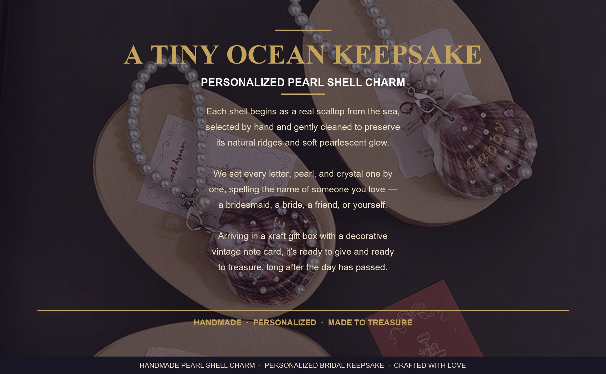 Brand story panel for Personalized Name Pearl Shell Keychain for Women, Handmade Natural Scallop