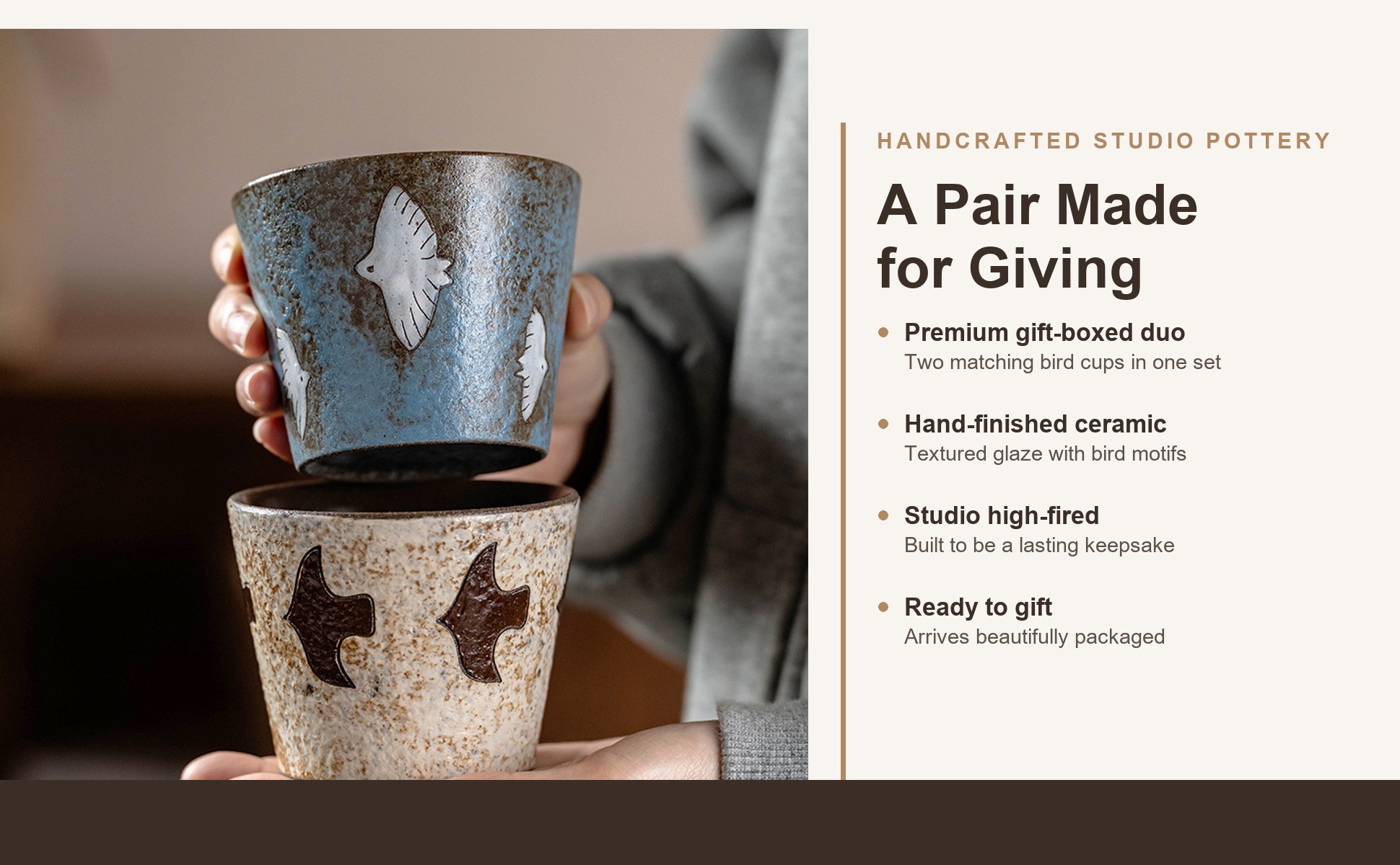 Brand panel for Handcrafted Ceramic Coffee Mug, Wabi-Sabi Style, Hand-Painted Seabird & Fish