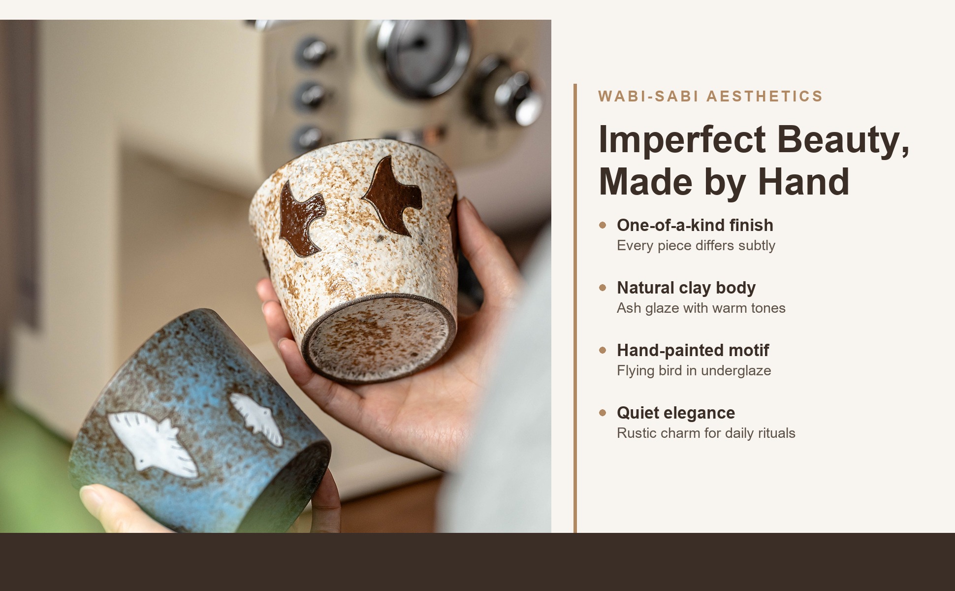 Wabi-sabi finish of Handcrafted Ceramic Coffee Mug, Wabi-Sabi Style, Hand-Painted Seabird & Fish