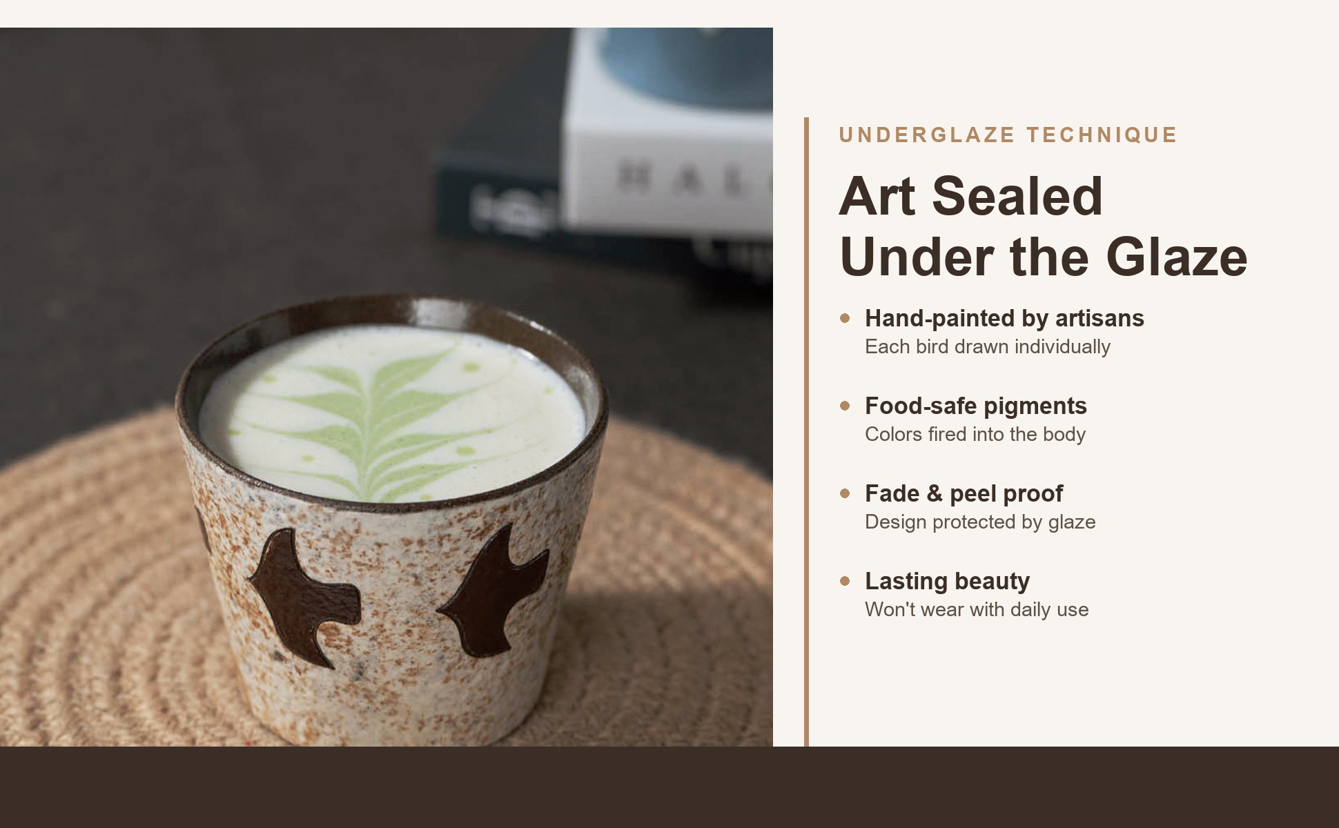 Underglaze artwork of Handcrafted Ceramic Coffee Mug, Wabi-Sabi Style, Hand-Painted Seabird & Fish