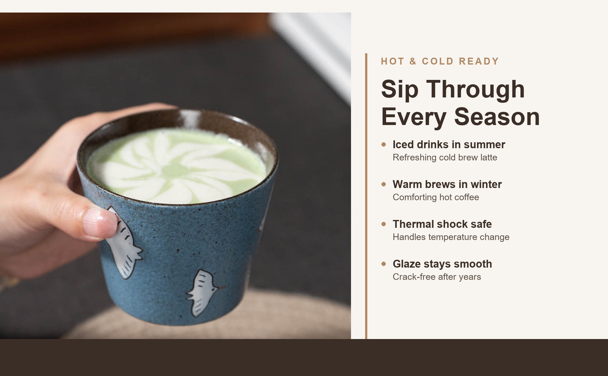 Hot and cold use of Handcrafted Ceramic Coffee Mug, Wabi-Sabi Style, Hand-Painted Seabird & Fish