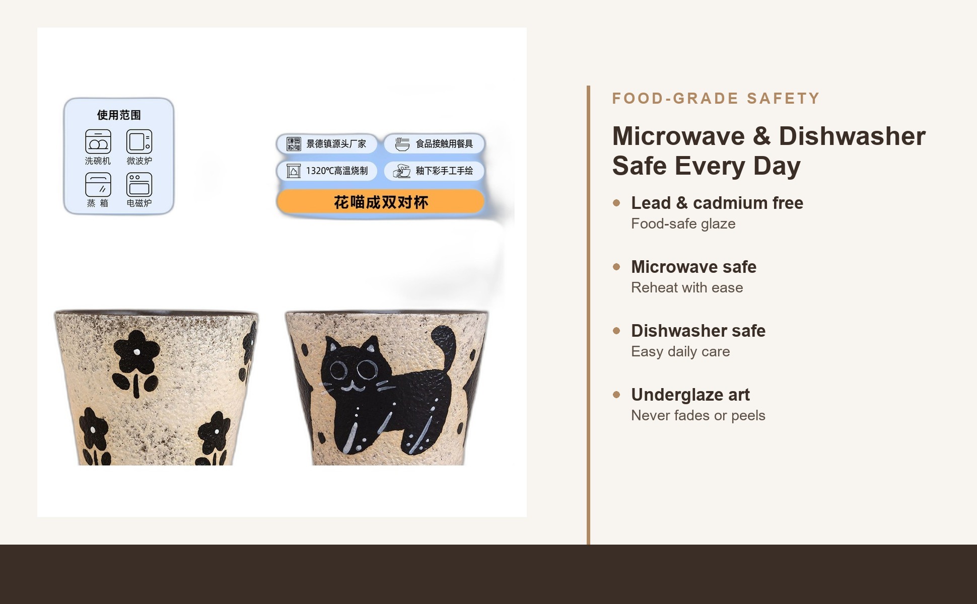 Handcrafted Ceramic Black Cat Coffee Mug, Chinese Retro Style, Underglaze in daily use