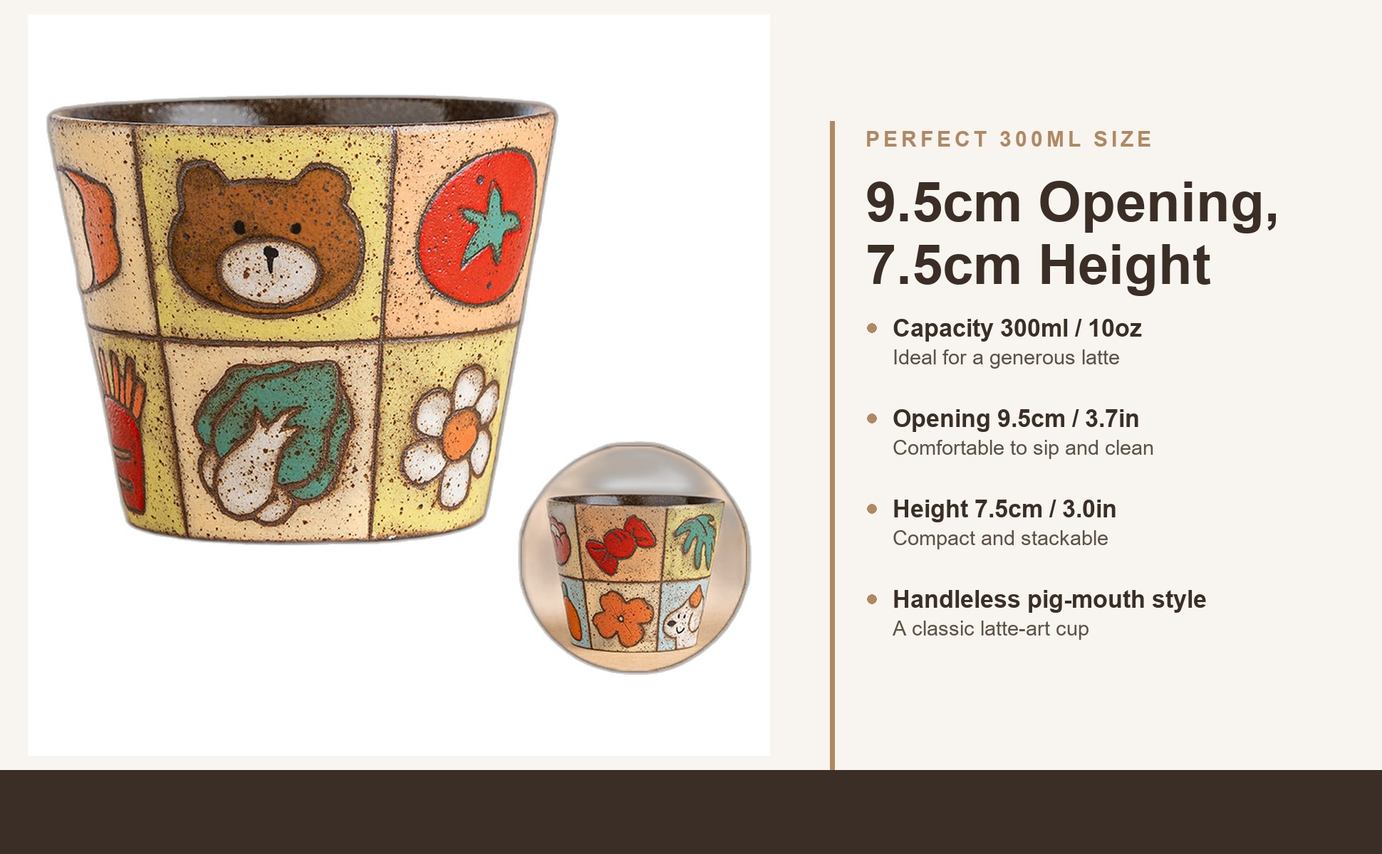 Size chart for Handcrafted Ceramic Latte Art Coffee Mug, Underglaze Hand-Painted Animal