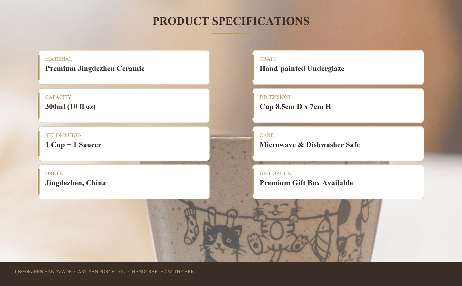 Specifications of Hand-Painted Ceramic Latte Art Coffee Cup with Saucer, Zisha Clay Retro Style