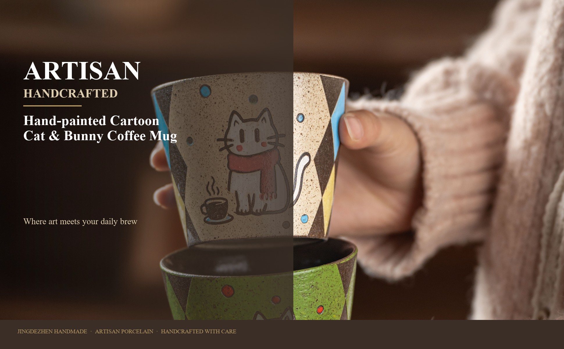 Main view of Hand-Painted Ceramic Latte Art Cup, Jingdezhen Underglaze Speckled Stoneware