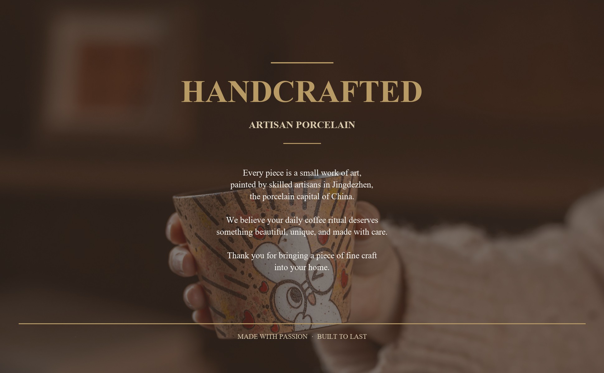 Brand story panel for Hand-Painted Ceramic Latte Art Cup, Jingdezhen Underglaze Speckled Stoneware