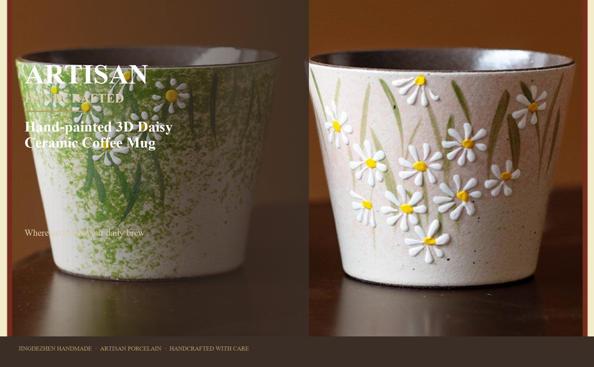 Main view of Hand-Painted Daisy Ceramic Latte Art Cup, Jingdezhen Underglaze Stoneware, 3D