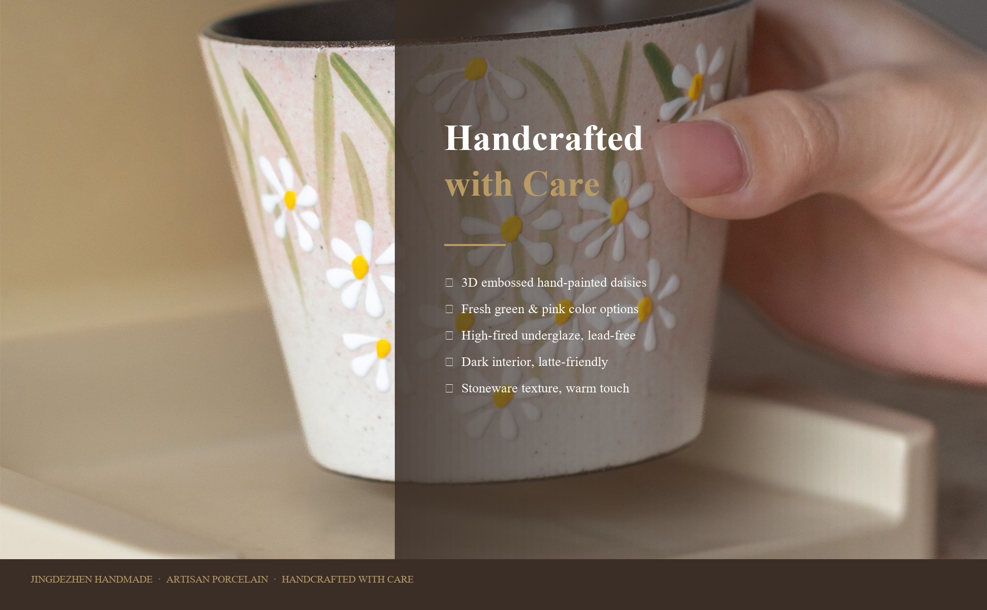 Craftsmanship detail of Hand-Painted Daisy Ceramic Latte Art Cup, Jingdezhen Underglaze Stoneware, 3D
