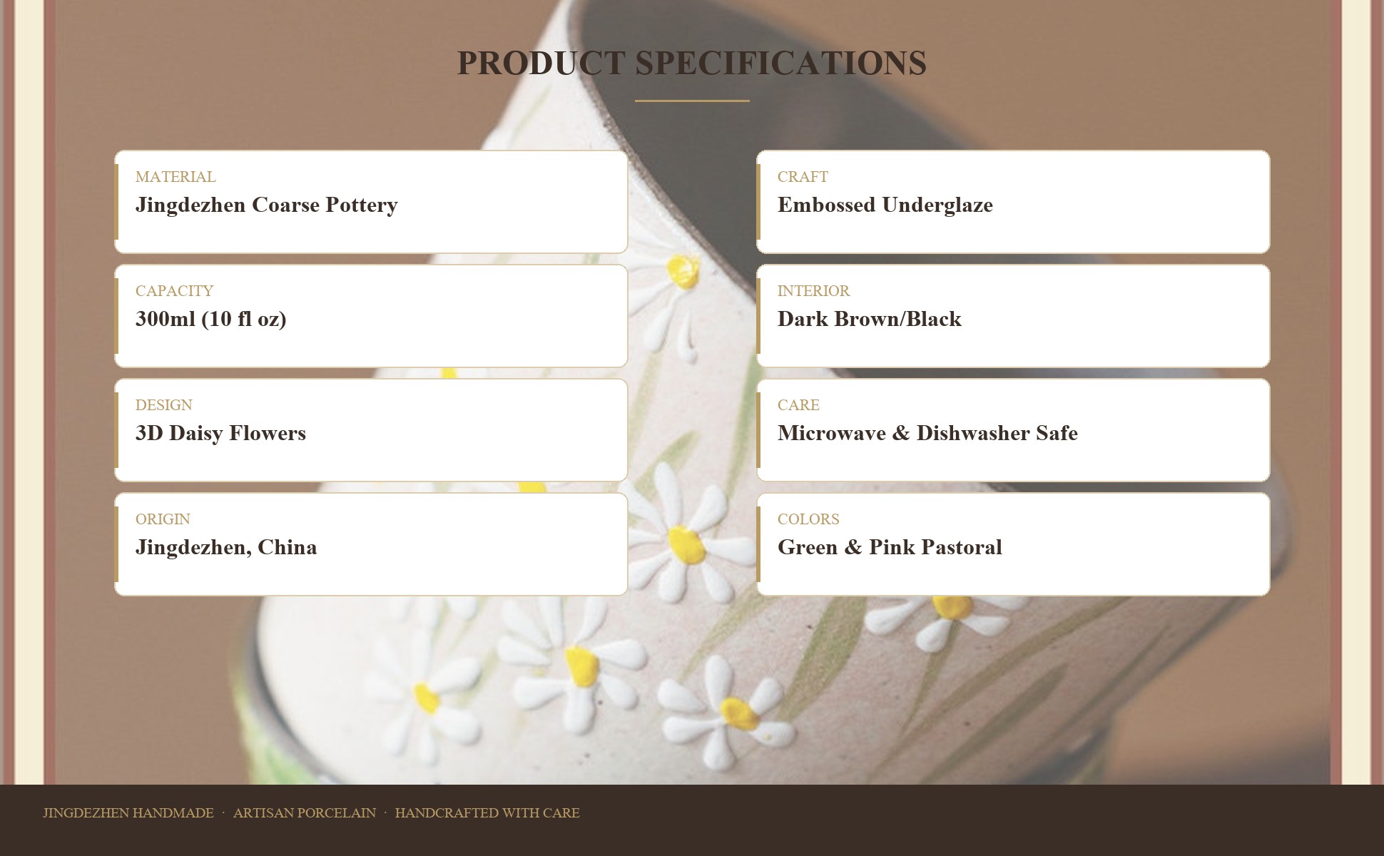 Specifications of Hand-Painted Daisy Ceramic Latte Art Cup, Jingdezhen Underglaze Stoneware, 3D