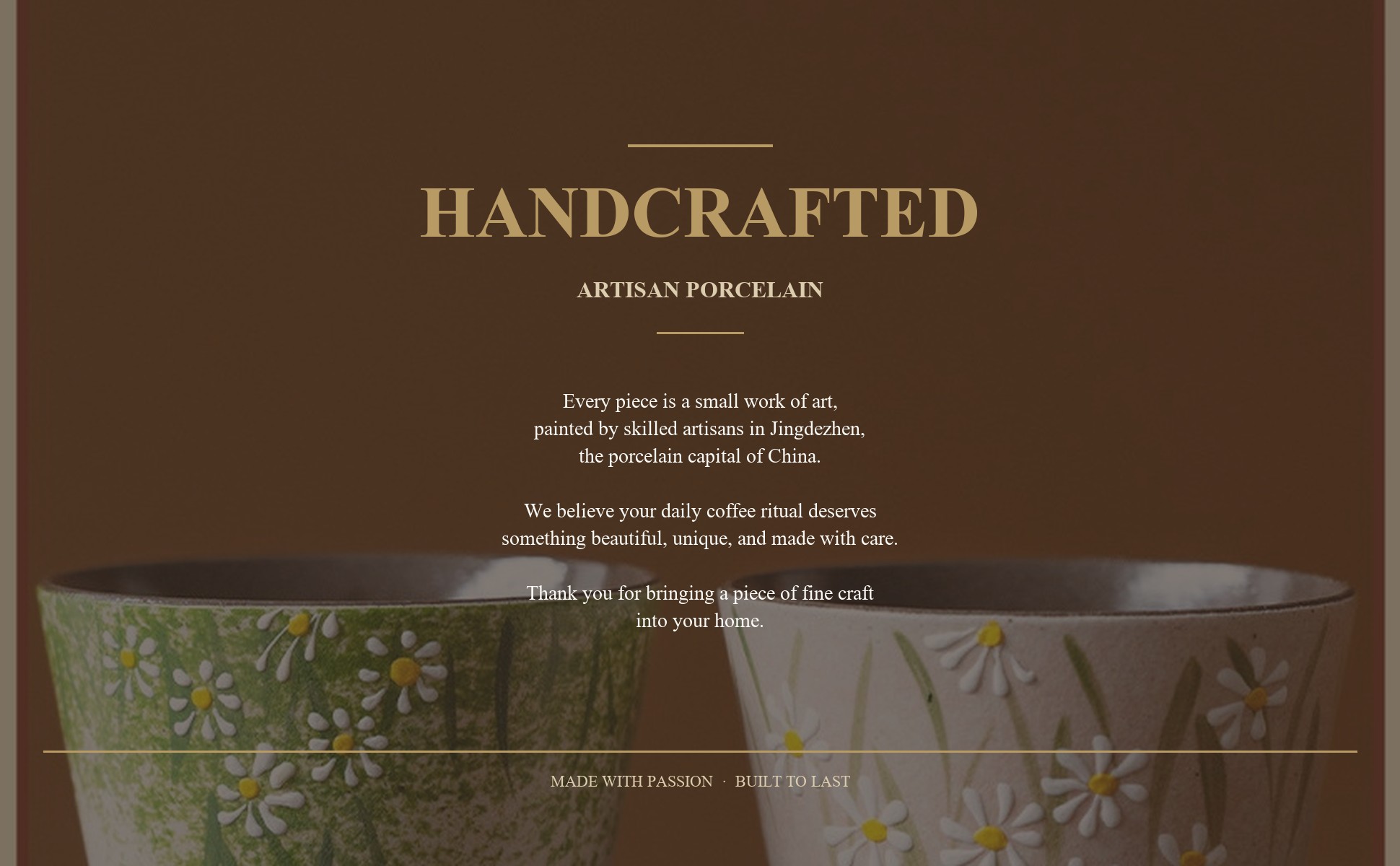 Brand story panel for Hand-Painted Daisy Ceramic Latte Art Cup, Jingdezhen Underglaze Stoneware, 3D