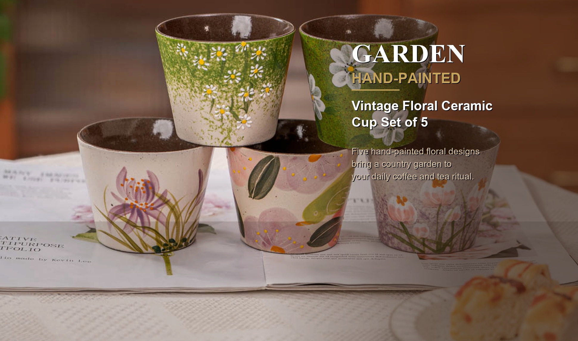 Main view of Jingdezhen Hand-painted Floral Ceramic Coffee Mug Set, 10oz Handmade Coarse