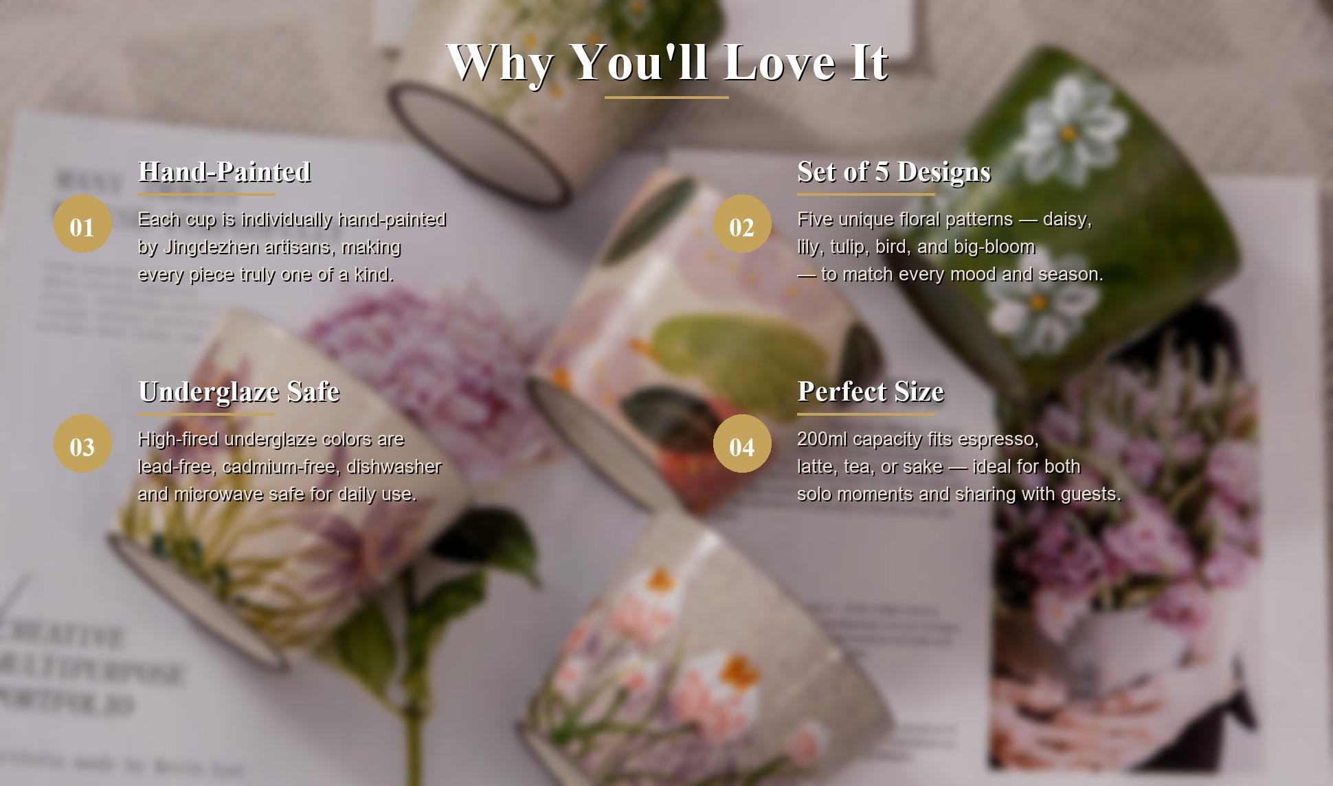Feature highlights of Jingdezhen Hand-painted Floral Ceramic Coffee Mug Set, 10oz Handmade Coarse