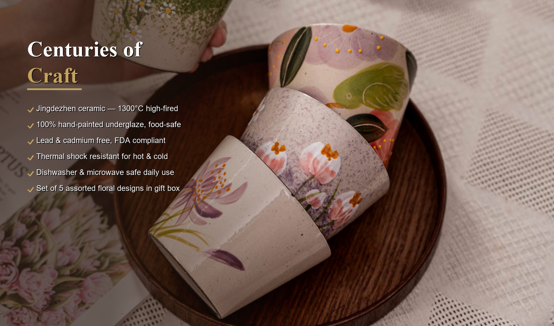Craftsmanship detail of Jingdezhen Hand-painted Floral Ceramic Coffee Mug Set, 10oz Handmade Coarse