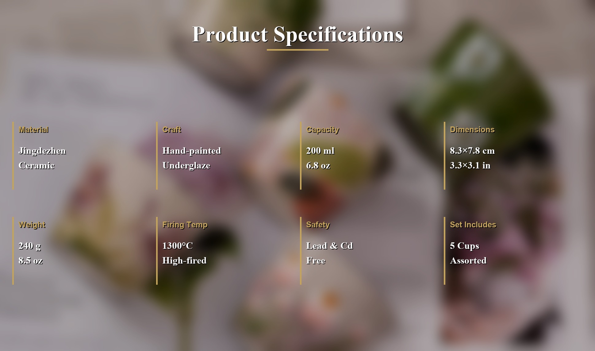 Specifications of Jingdezhen Hand-painted Floral Ceramic Coffee Mug Set, 10oz Handmade Coarse