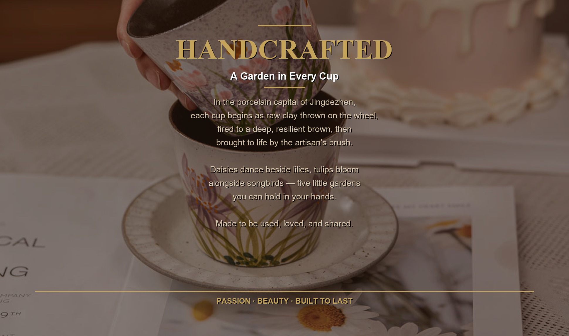 Brand story panel for Jingdezhen Hand-painted Floral Ceramic Coffee Mug Set, 10oz Handmade Coarse