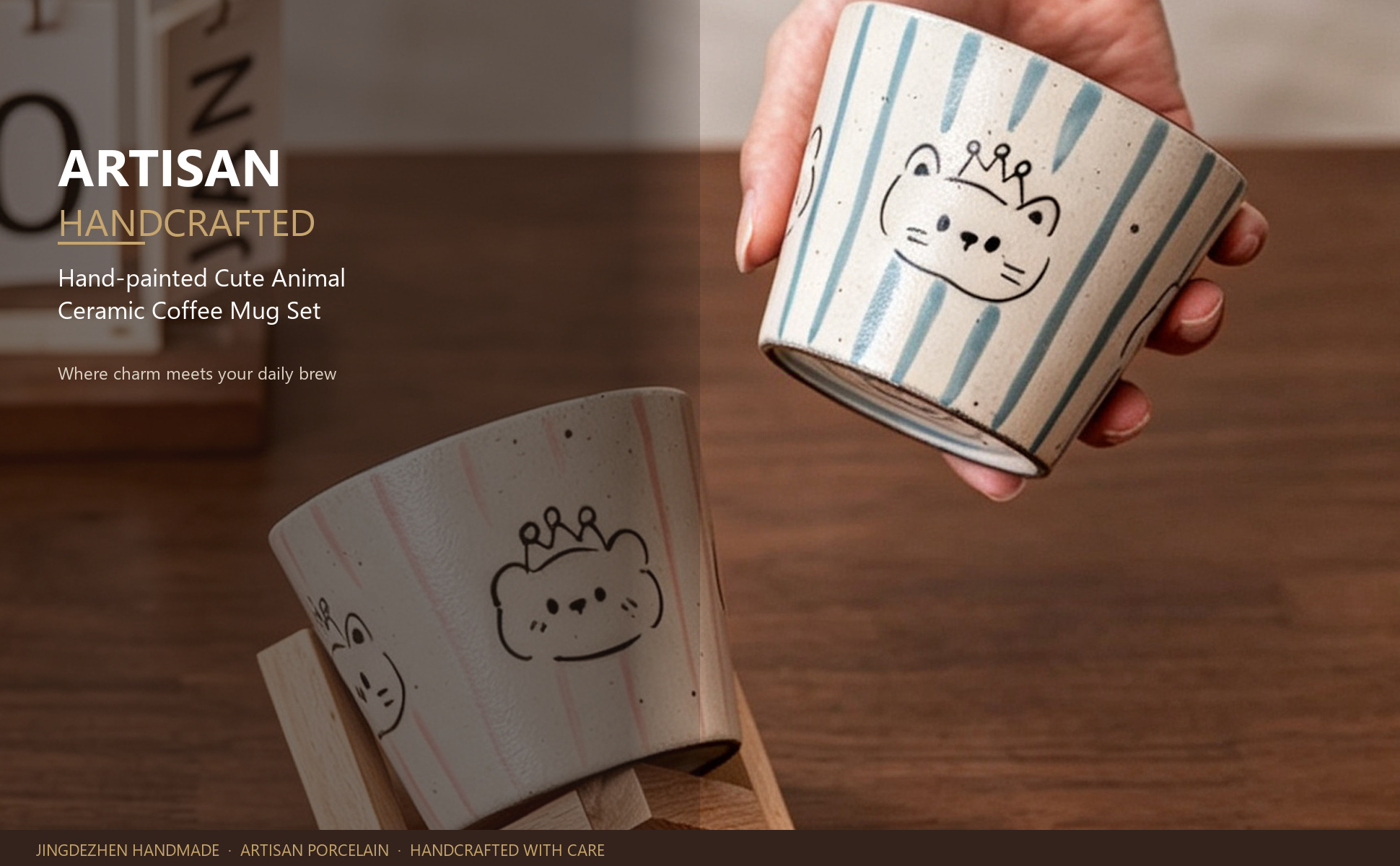 Main view of Jingdezhen Hand-painted Cute Animal Ceramic Coffee Mug Set, 10oz Handmade