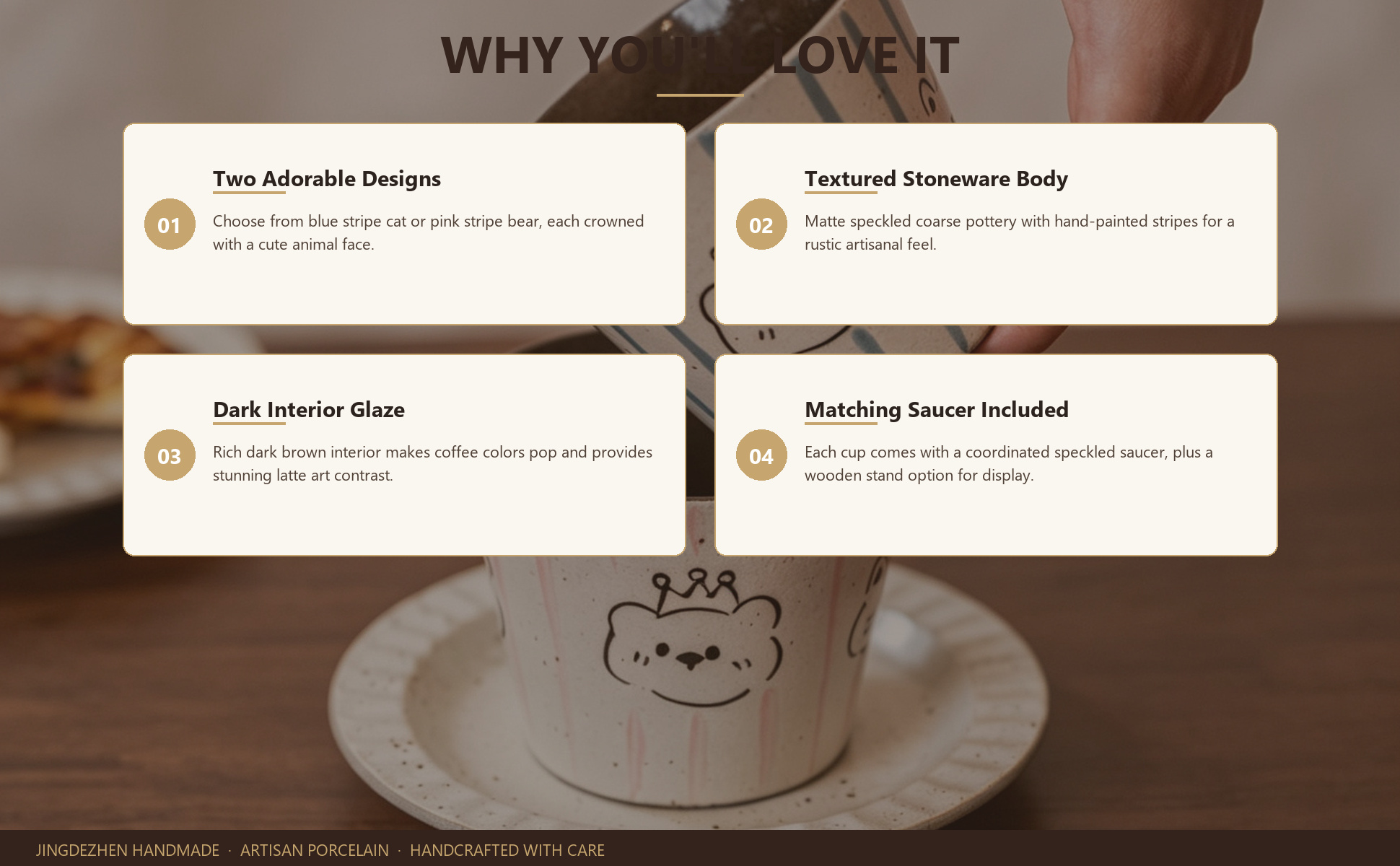 Feature highlights of Jingdezhen Hand-painted Cute Animal Ceramic Coffee Mug Set, 10oz Handmade