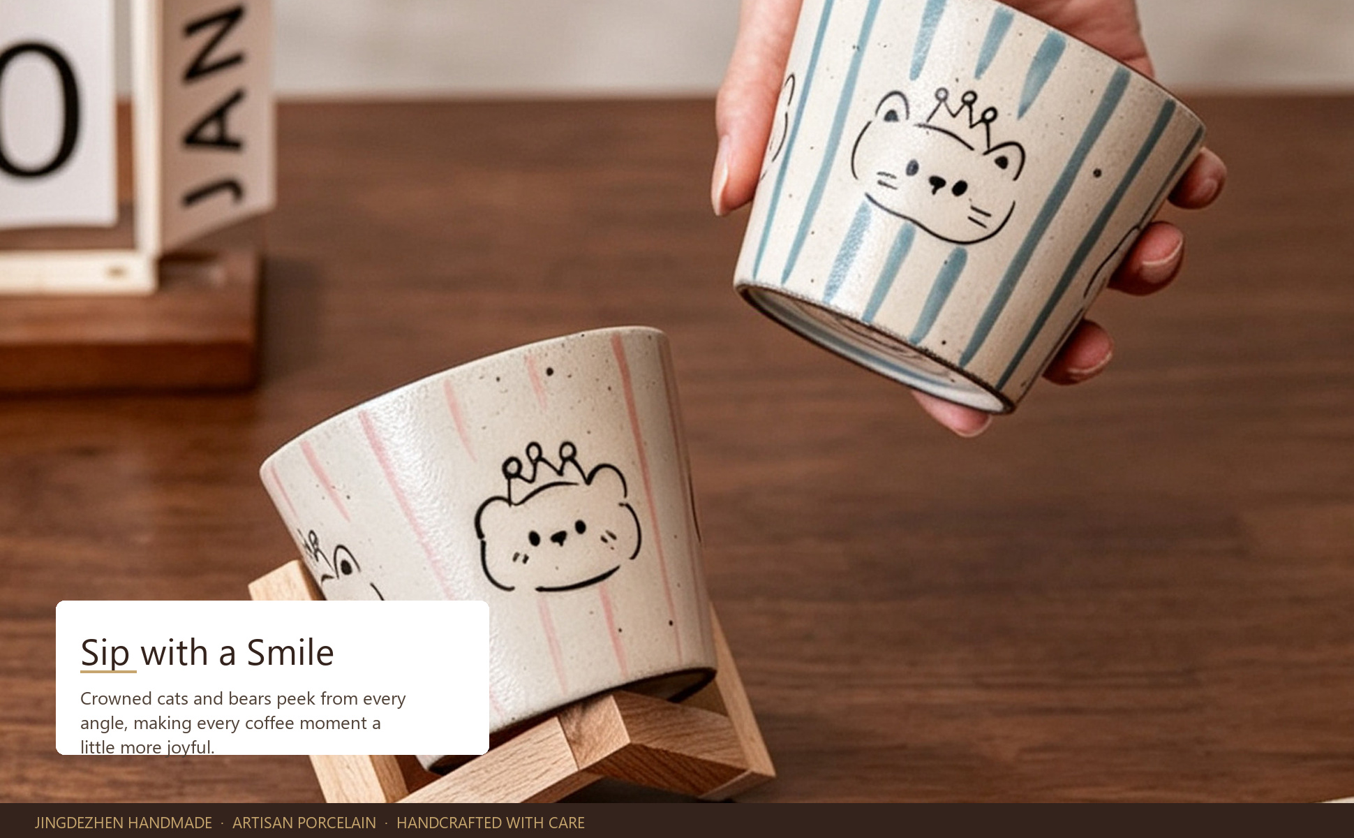 Jingdezhen Hand-painted Cute Animal Ceramic Coffee Mug Set, 10oz Handmade in use