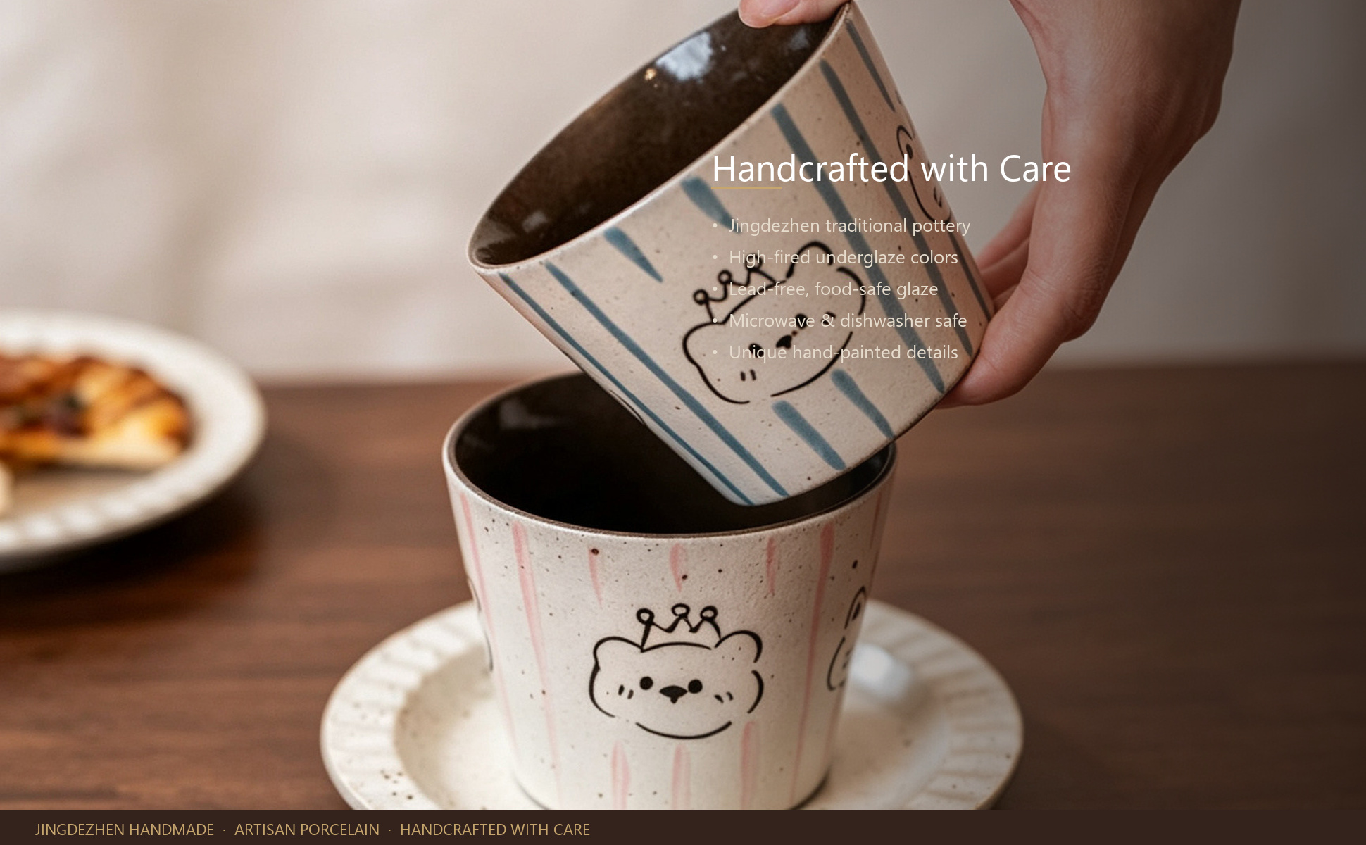 Craftsmanship detail of Jingdezhen Hand-painted Cute Animal Ceramic Coffee Mug Set, 10oz Handmade
