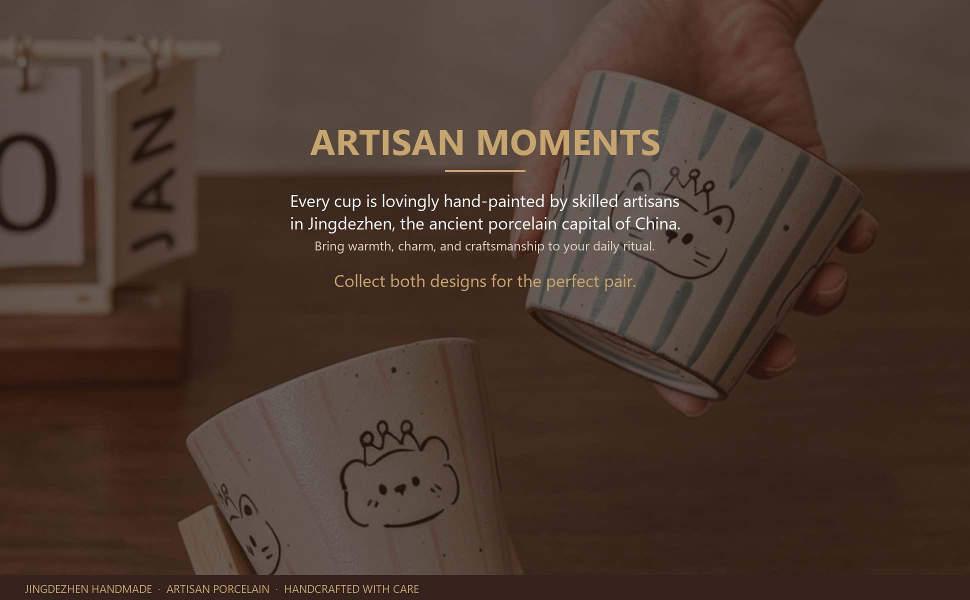 Brand story panel for Jingdezhen Hand-painted Cute Animal Ceramic Coffee Mug Set, 10oz Handmade