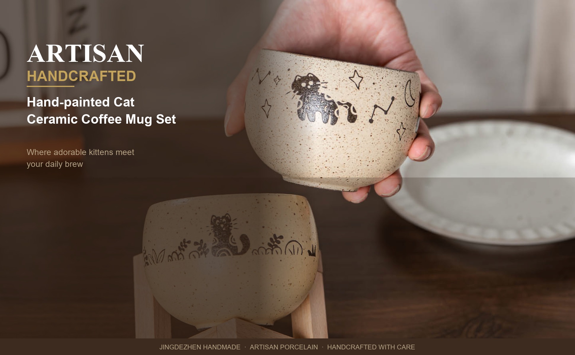 Main view of Jingdezhen Hand-Painted Cute Cat Ceramic Coffee Mug, 10oz Handmade Coarse