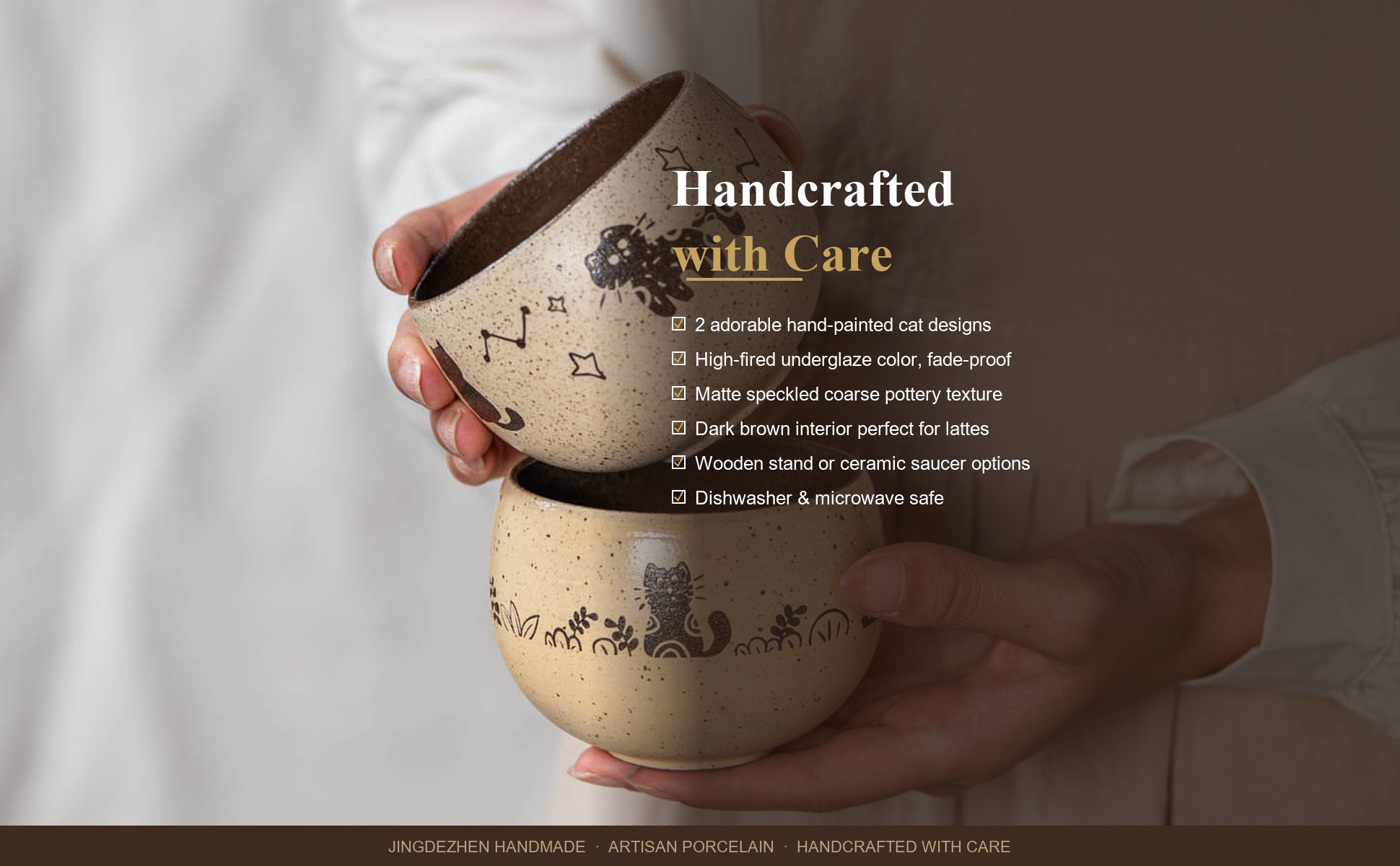 Craftsmanship detail of Jingdezhen Hand-Painted Cute Cat Ceramic Coffee Mug, 10oz Handmade Coarse