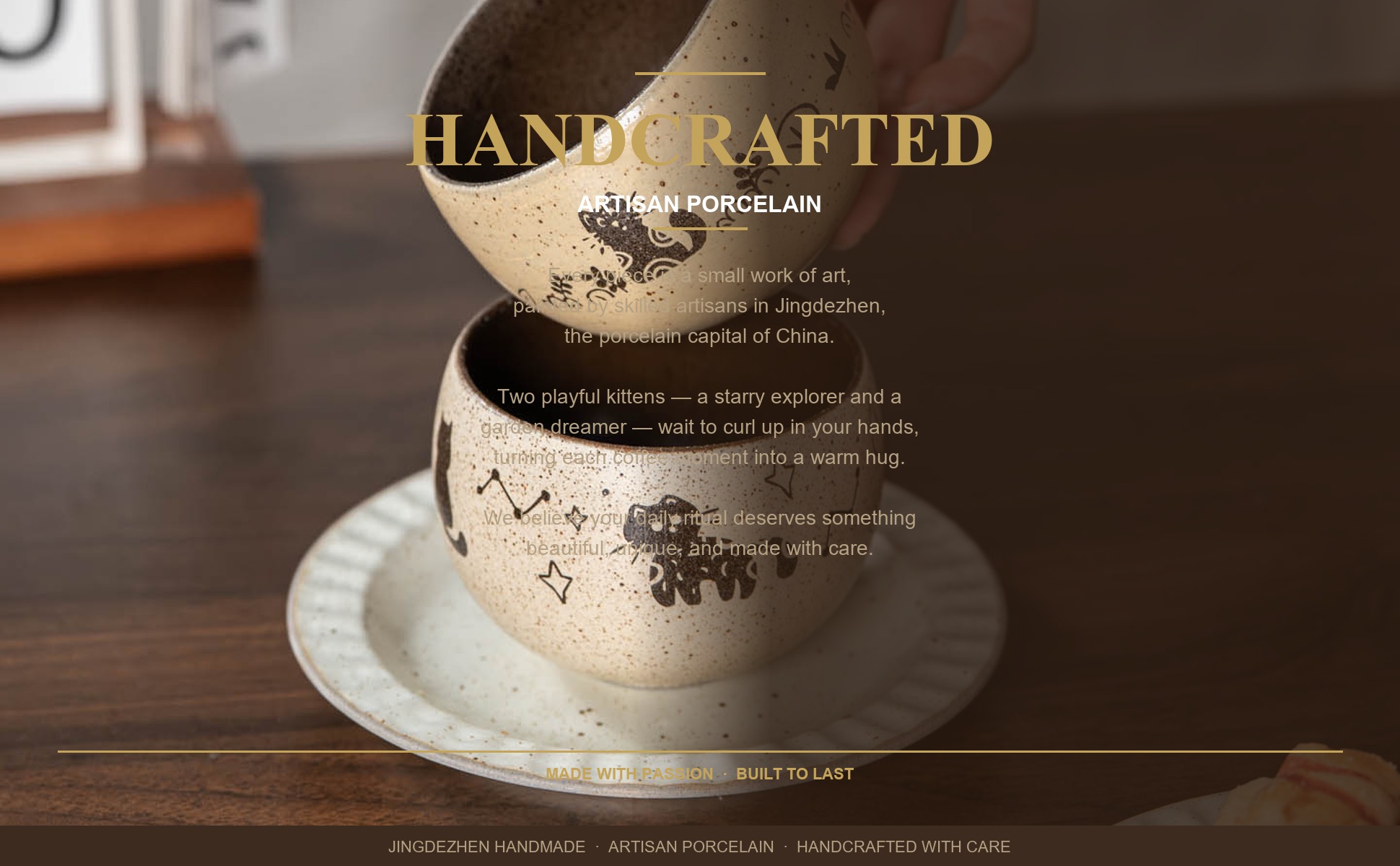 Brand story panel for Jingdezhen Hand-Painted Cute Cat Ceramic Coffee Mug, 10oz Handmade Coarse