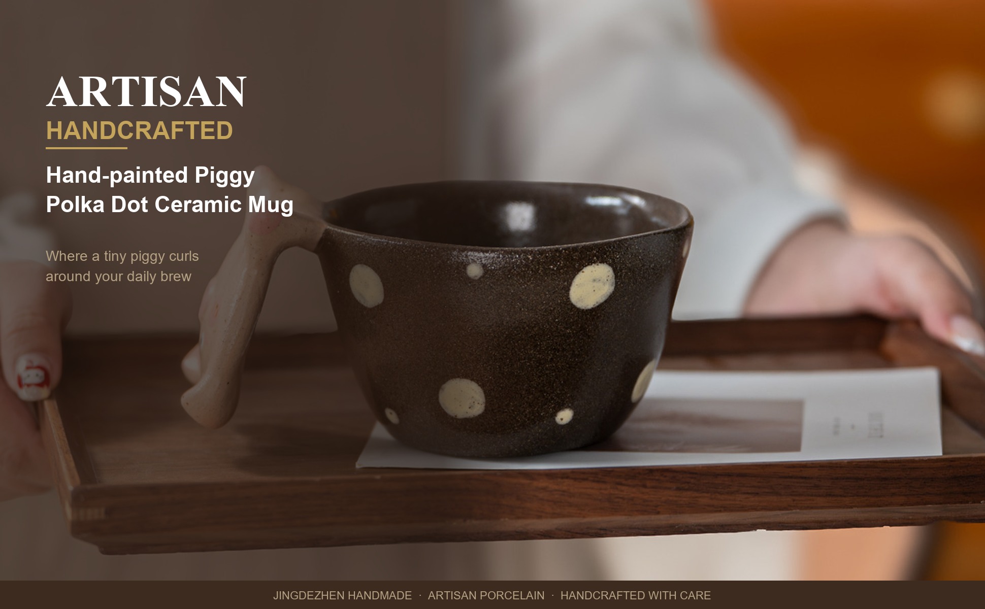 Main view of Cute Piggy Handle Mug, 8.5oz Jingdezhen Coarse Pottery Coffee Mug, Hand-Painted