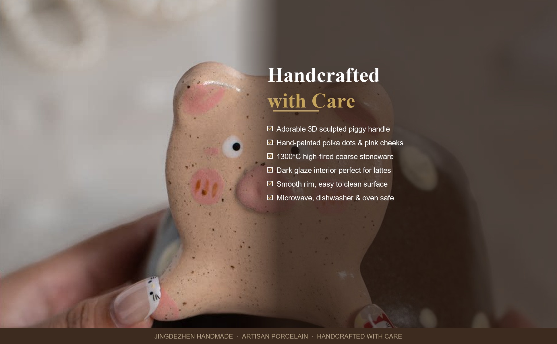 Craftsmanship detail of Cute Piggy Handle Mug, 8.5oz Jingdezhen Coarse Pottery Coffee Mug, Hand-Painted