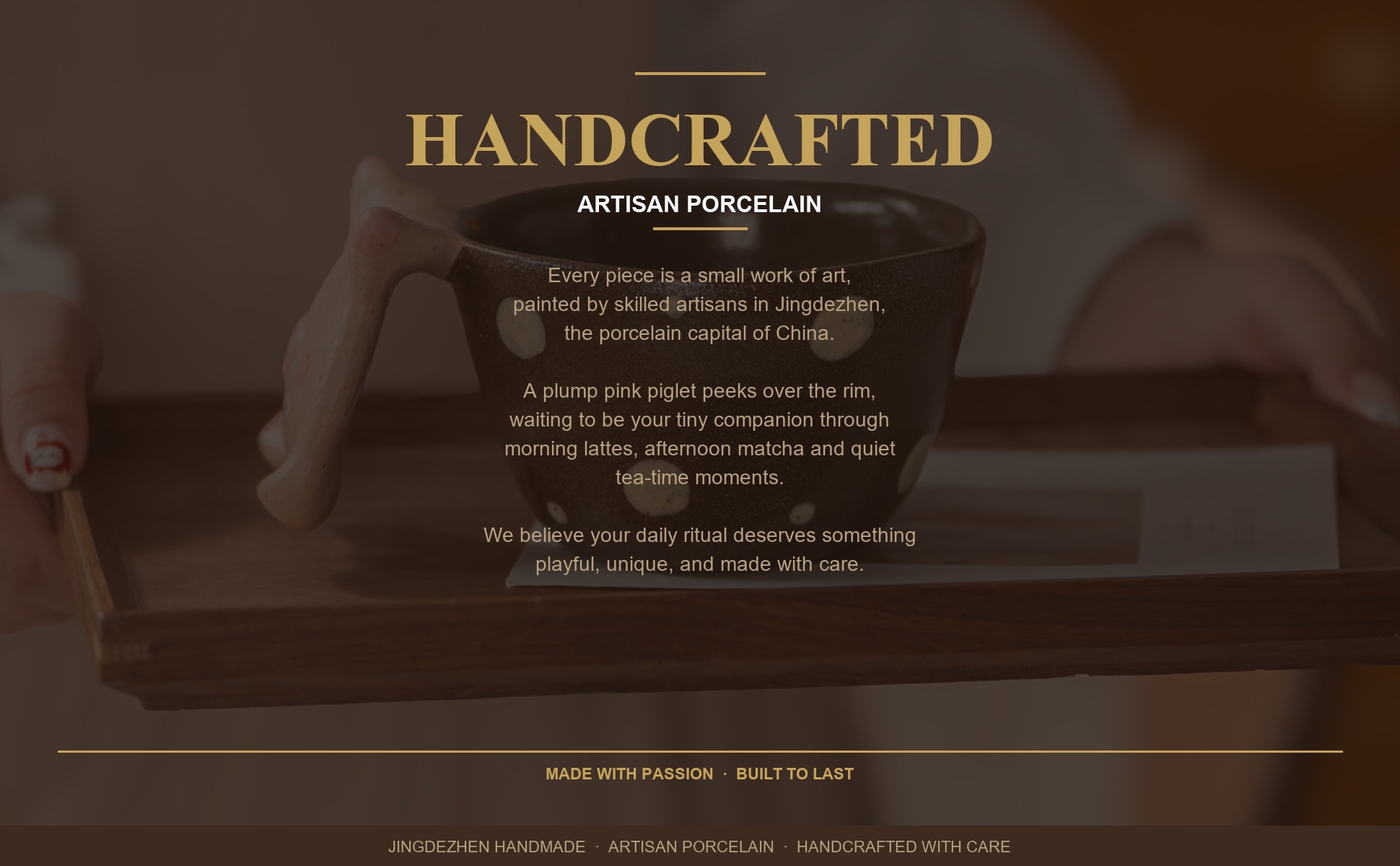 Brand story panel for Cute Piggy Handle Mug, 8.5oz Jingdezhen Coarse Pottery Coffee Mug, Hand-Painted