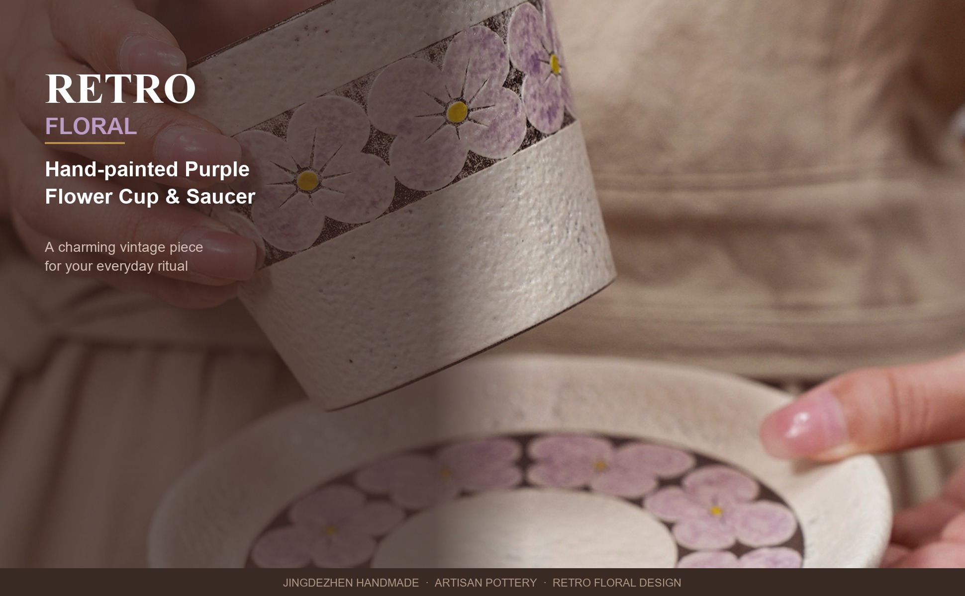 Main view of Purple Flower Cup and Saucer Set, 10oz Jingdezhen Coarse Pottery Coffee Mug