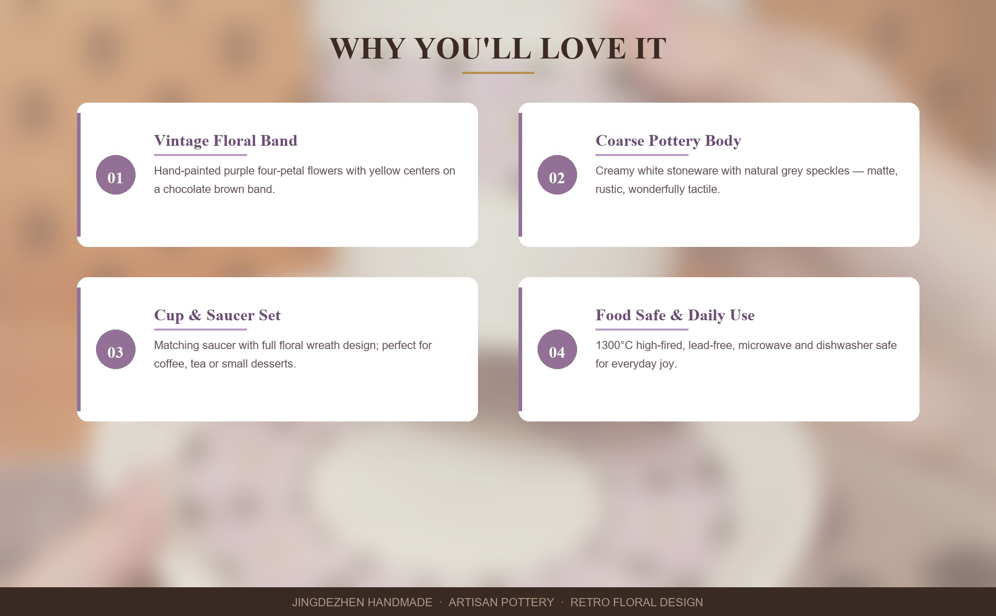 Design highlights of Purple Flower Cup and Saucer Set, 10oz Jingdezhen Coarse Pottery Coffee Mug