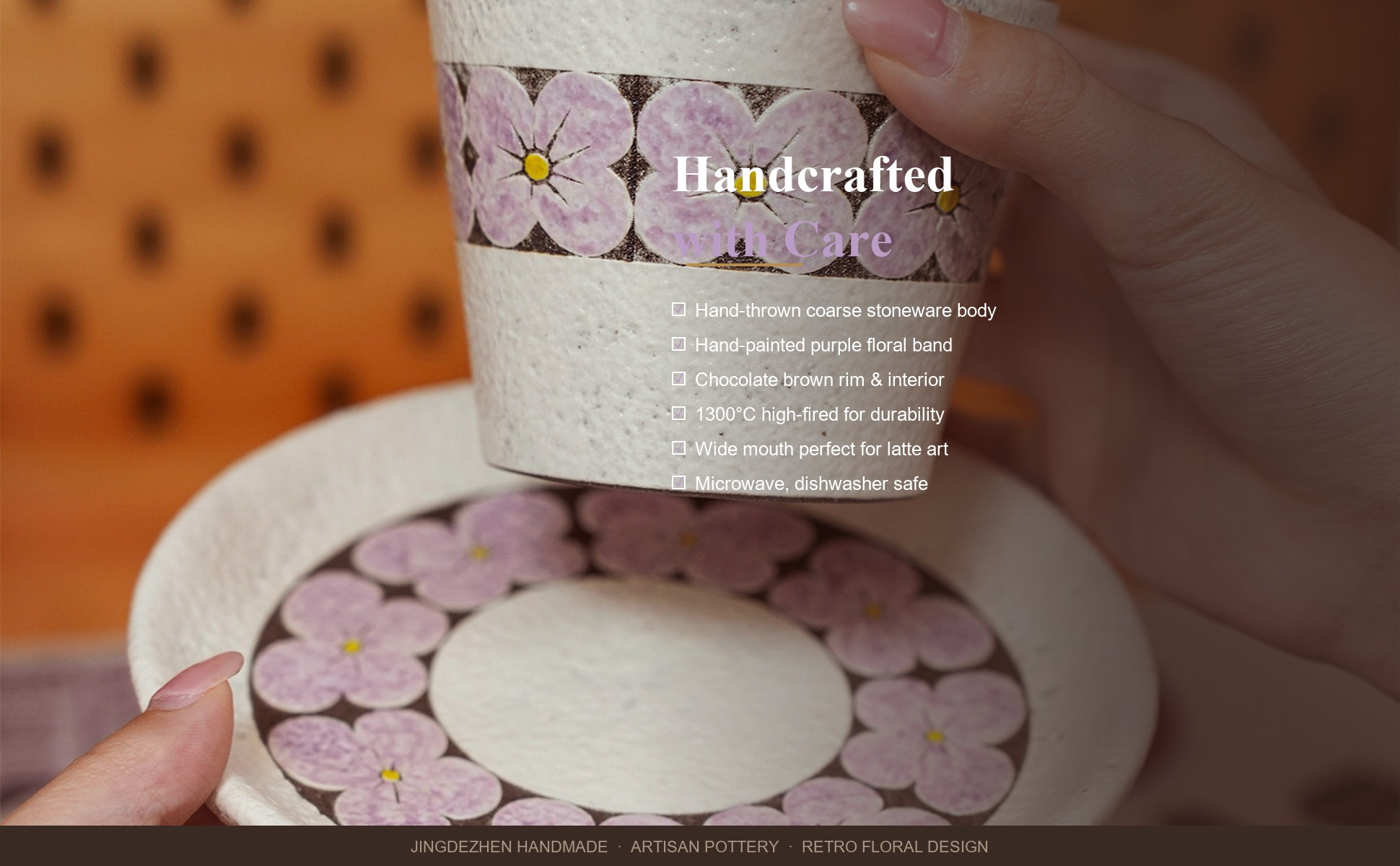 Craftsmanship detail of Purple Flower Cup and Saucer Set, 10oz Jingdezhen Coarse Pottery Coffee Mug