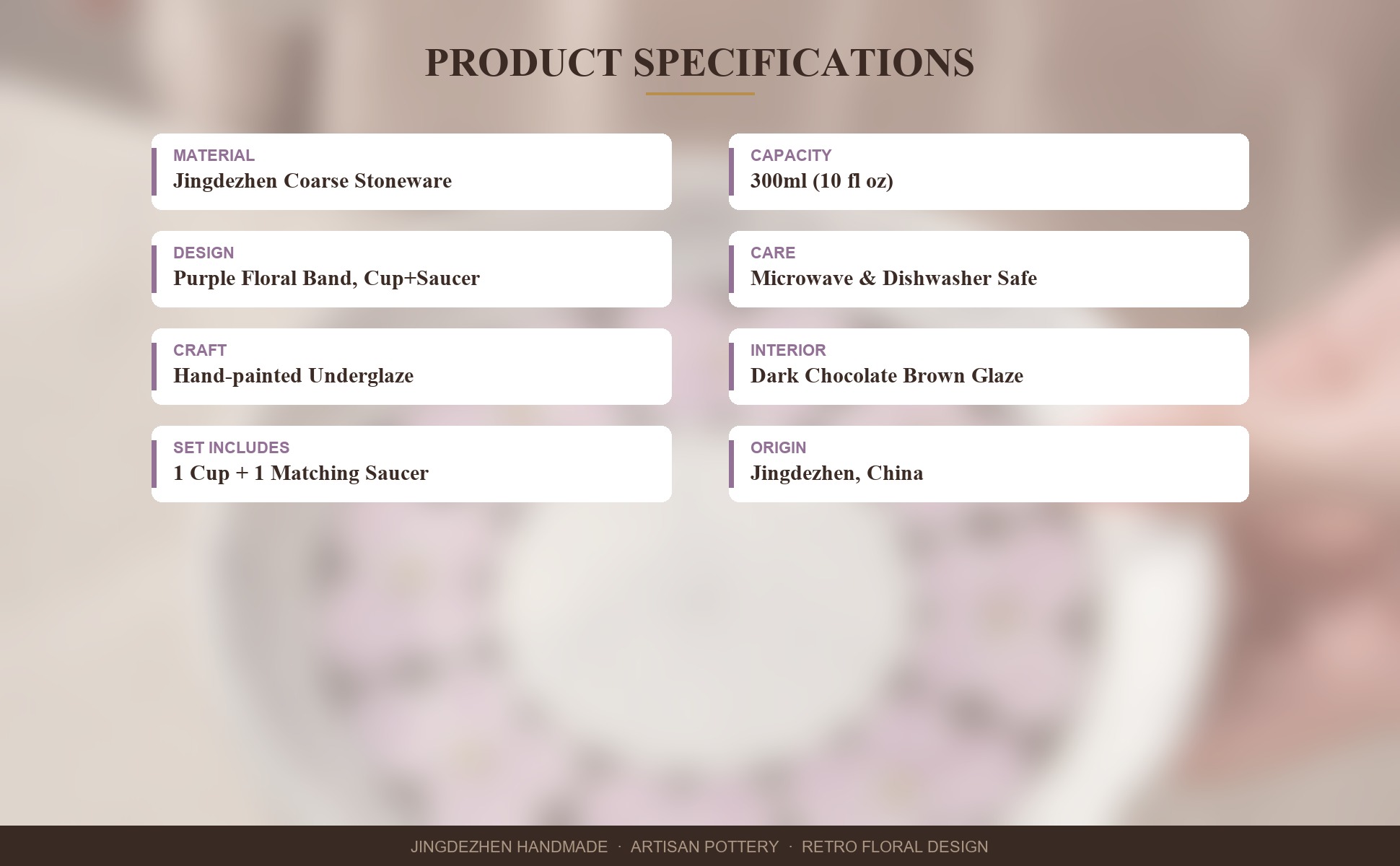 Specifications of Purple Flower Cup and Saucer Set, 10oz Jingdezhen Coarse Pottery Coffee Mug